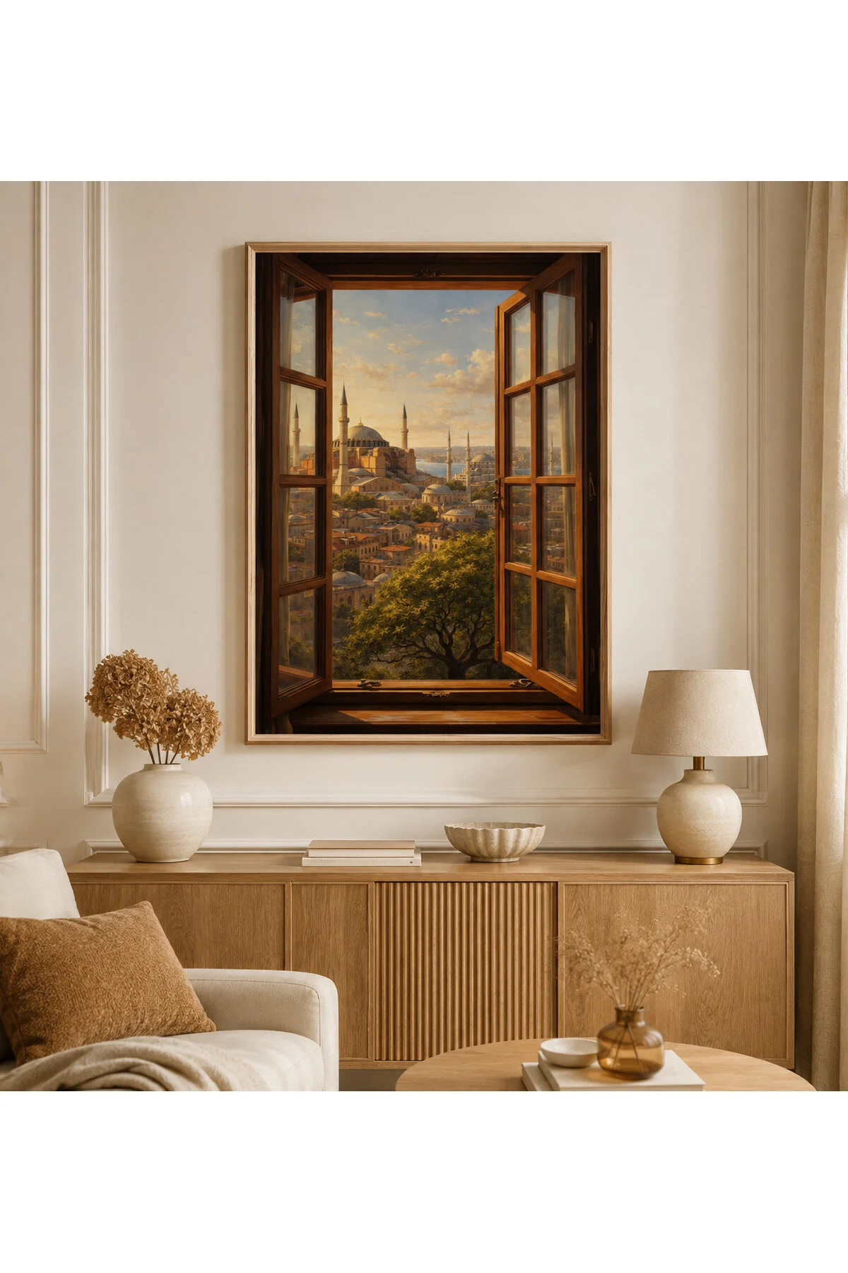 Ahşap Çerçeveli Pencere Manzaralı İstanbul Temalı Dekoratif Duvar Tablosu - R0045