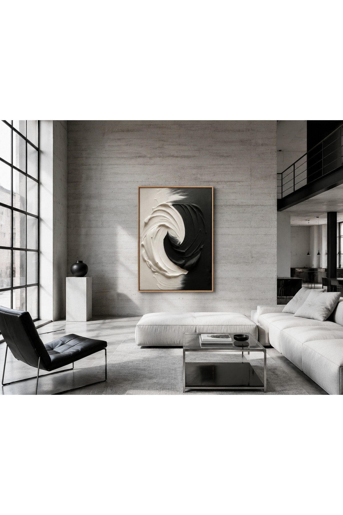 Siyah Beyaz Dalgalar – Dokulu Soyut Minimalist Modern Dekoratif Duvar Tablosu - R0068