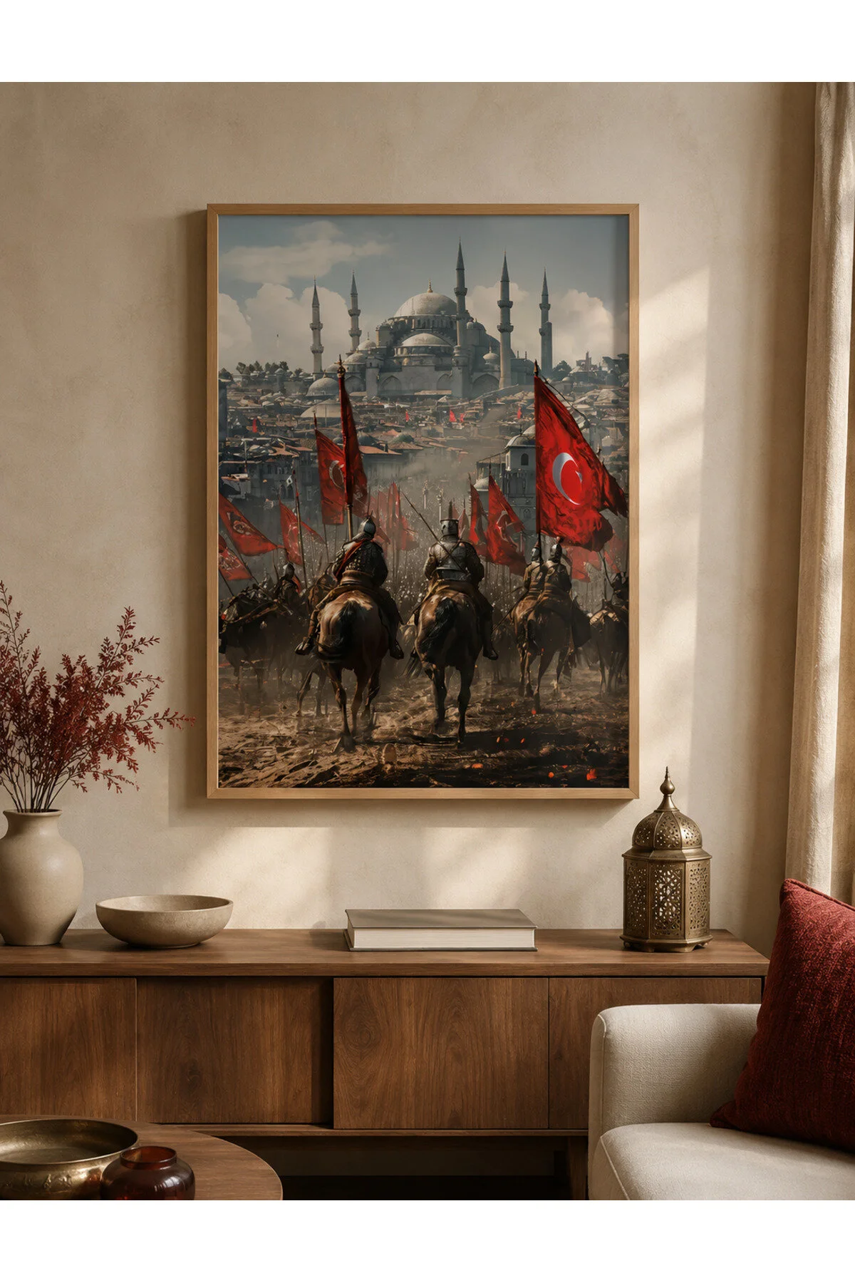 Ahşap Çerçeveli Osmanlı Süvarileri ve Türk Bayrağı Temalı Tarihi Dekoratif Duvar Tablosu - R0048