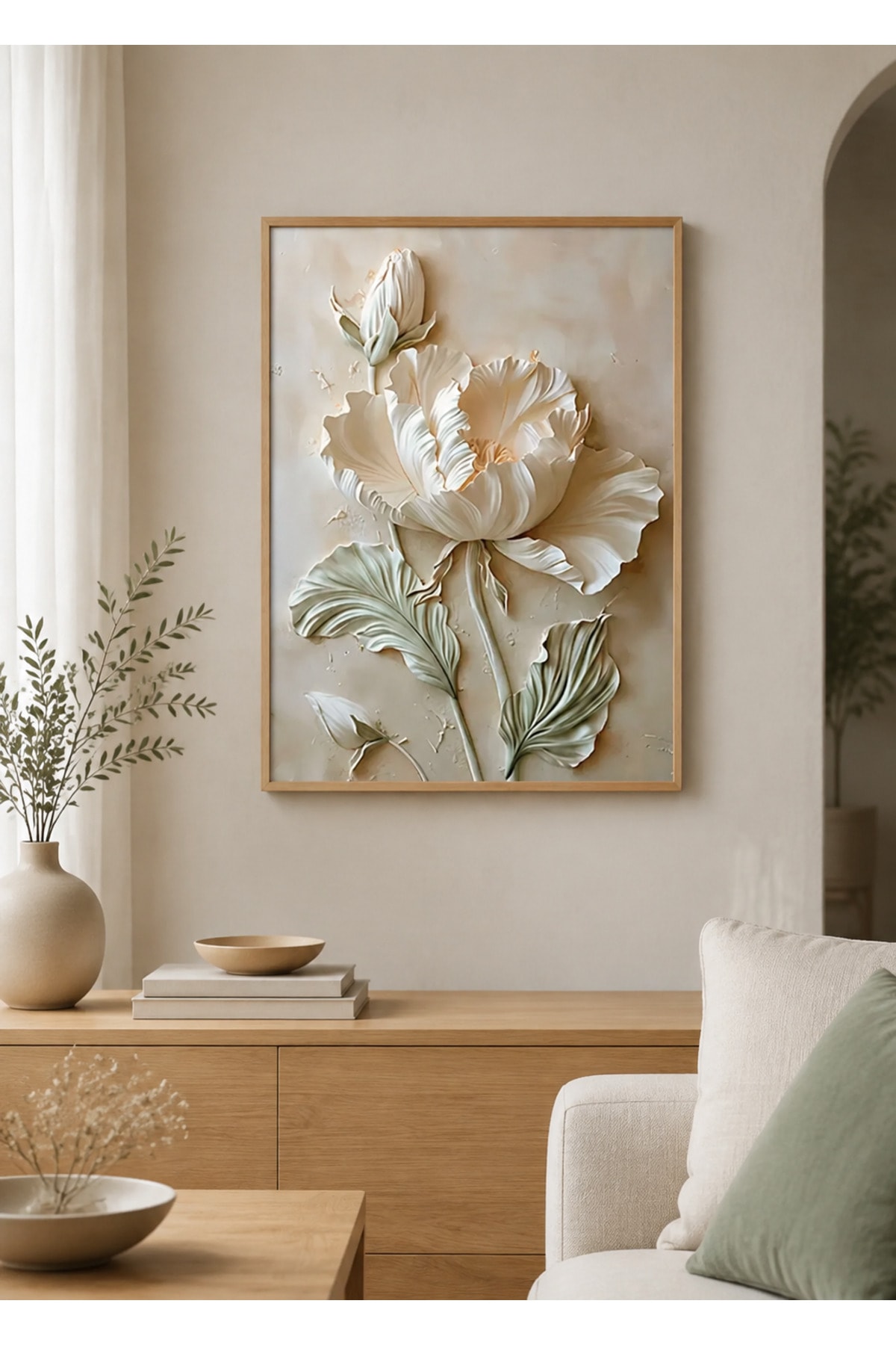 Ahşap Çerçeveli Kabartmalı Beyaz Çiçek ve Yaprak Desenli Dekoratif Duvar Tablosu - R0052