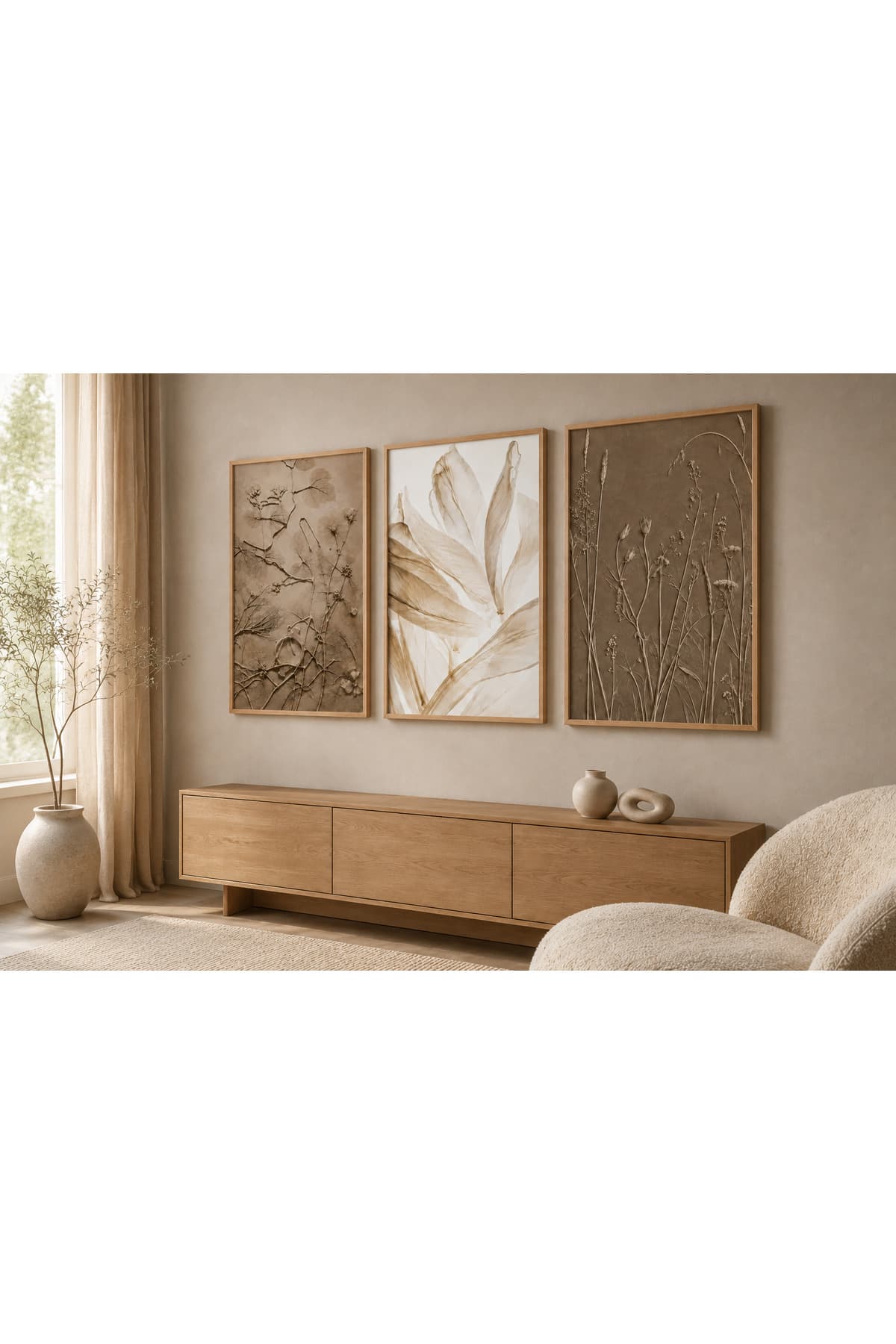 Toprak Tonları Botanik Yaprak ve Kır Çiçekleri Temalı Modern 3’lü Set Dekoratif Duvar Tablosu - R0105 — görsel 2