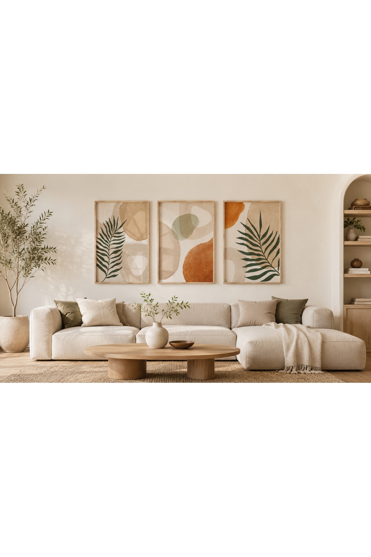 Bohem Botanik Yaprak ve Soyut Formlar Temalı Modern 3’lü Set Dekoratif Duvar Tablosu R0113