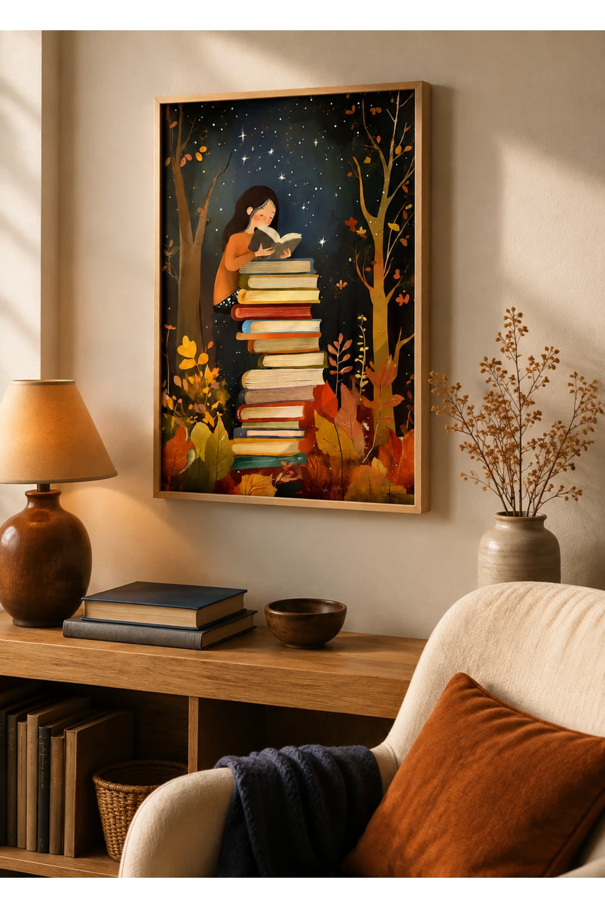 Ahşap Çerçeveli Kitap Okuyan Kız Sonbahar ve Yıldızlı Gece Temalı Dekoratif Duvar Tablosu - R0054 — görsel 2