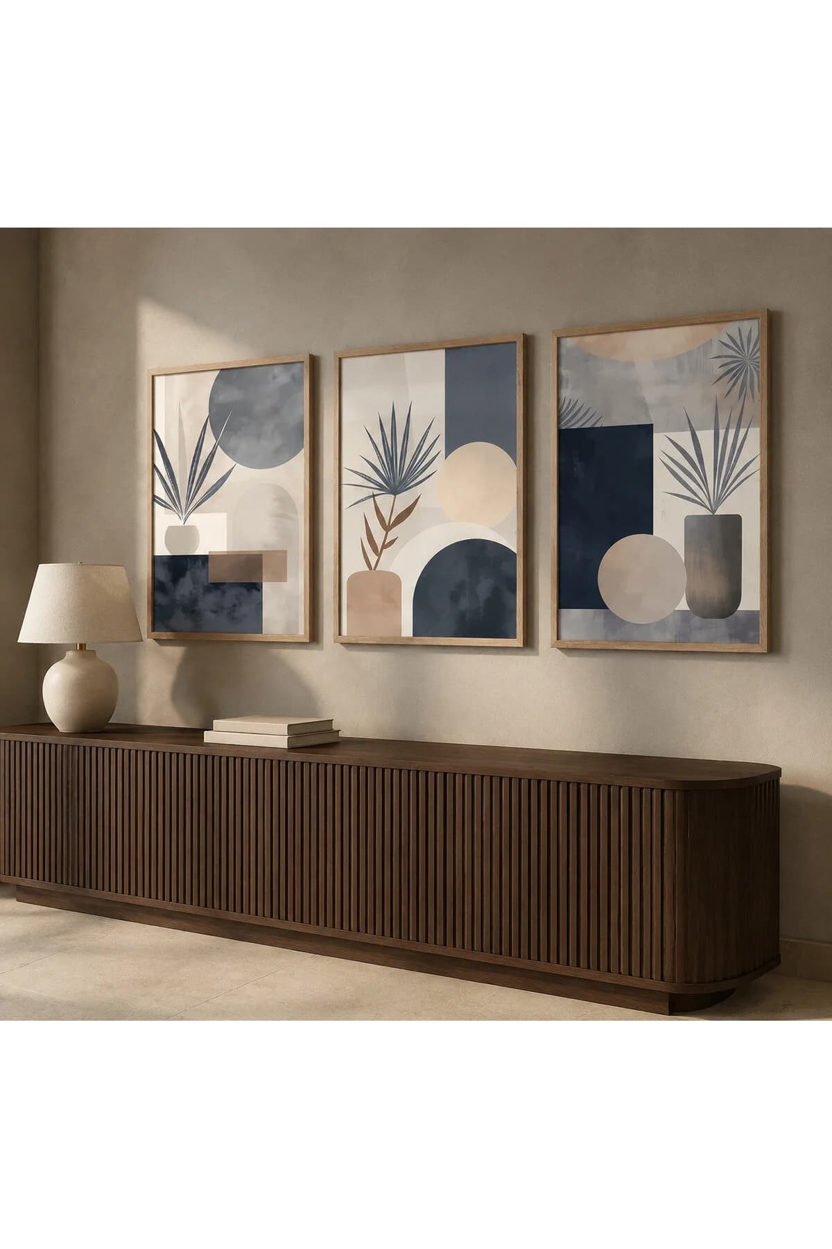 Ahşap Çerçeveli 3'lü Modern Geometrik Botanik Desenli Dekoratif Duvar Tablosu - R0033 — görsel 2