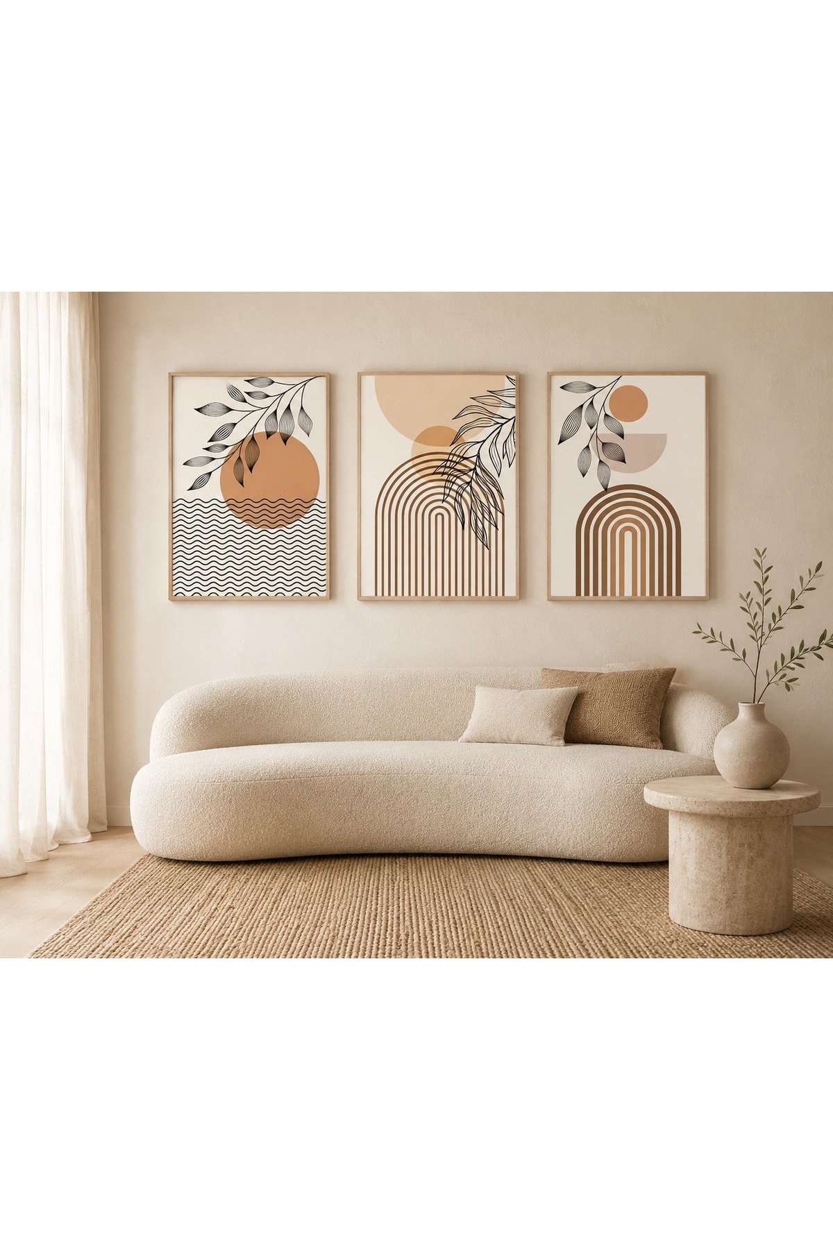Boho Harmony – Yaprak ve Geometrik Formlar 3’lü Set Dekoratif Duvar Tablosu - R0079