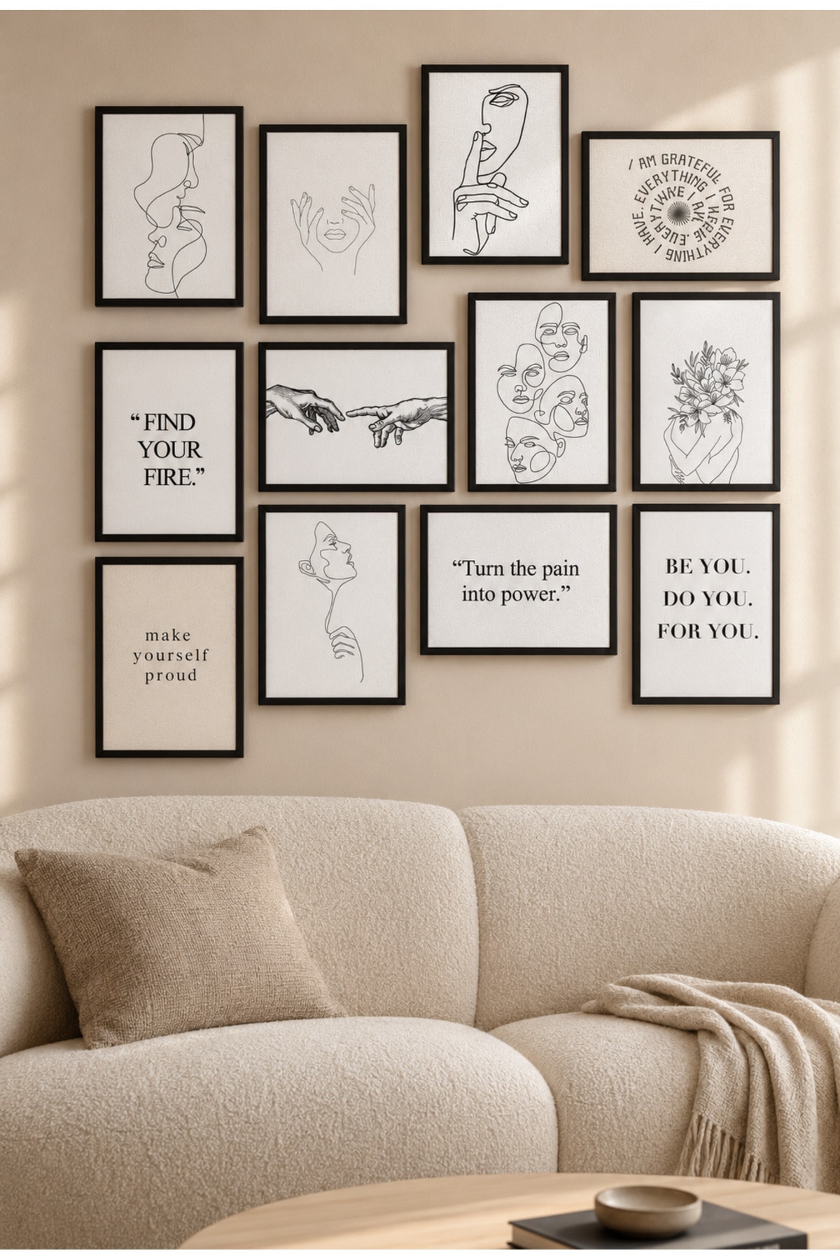 Kendin Ol – Siyah Beyaz Line Art ve Motivasyon Sözleri 12’li Set Dekoratif Duvar Tablosu - R0085