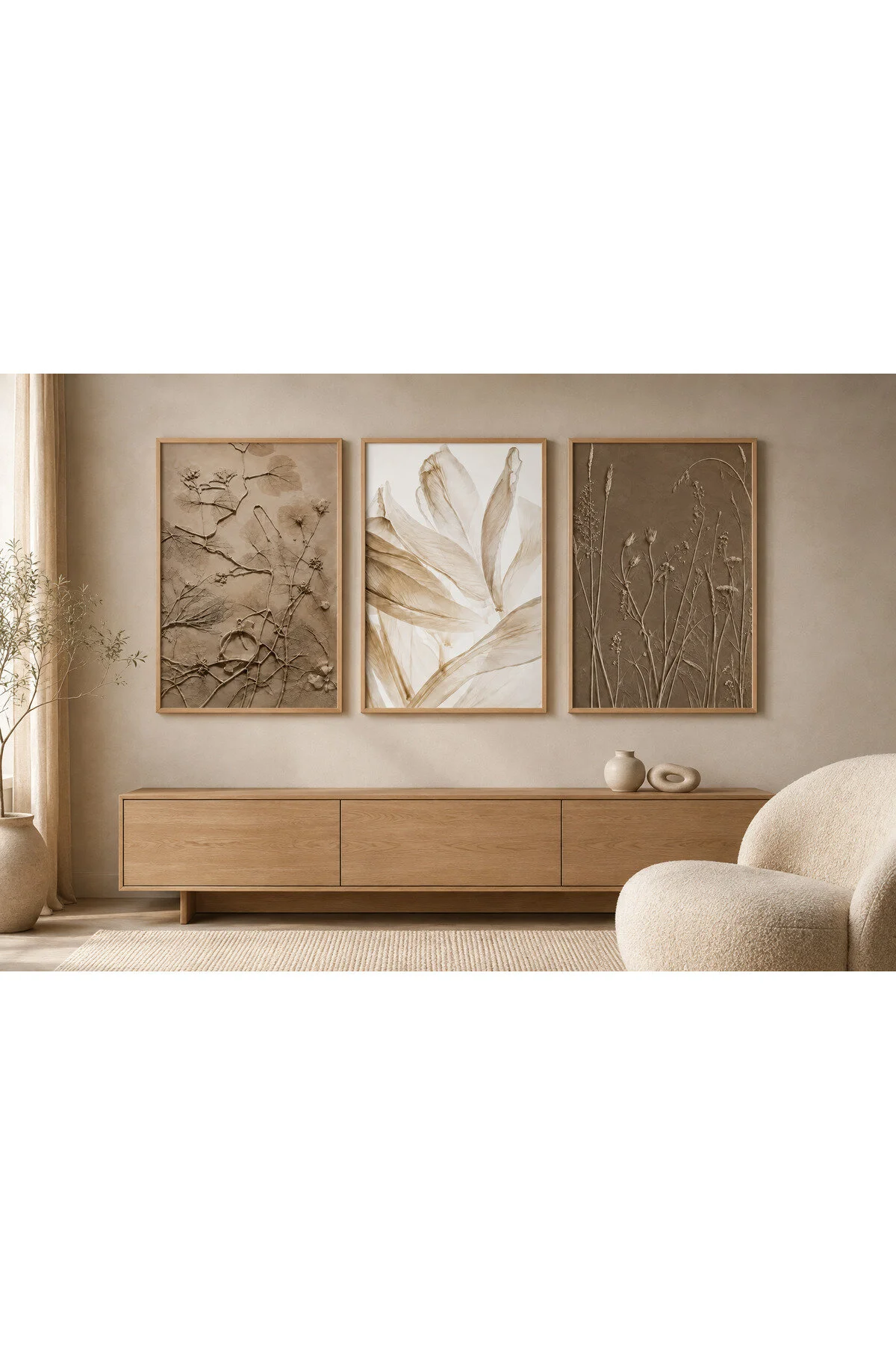Toprak Tonları Botanik Yaprak ve Kır Çiçekleri Temalı Modern 3’lü Set Dekoratif Duvar Tablosu - R0105