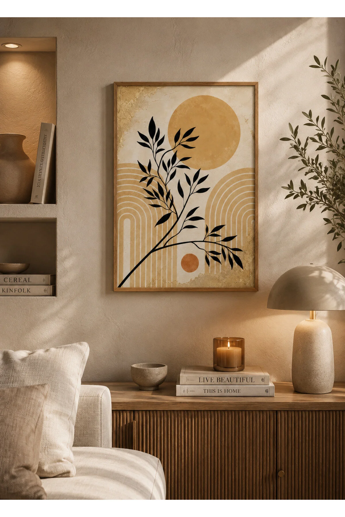 Ahşap Çerçeveli Modern Bohem Yaprak Duvar Tablosu - Bej Siyah Dekoratif Tablo R0001