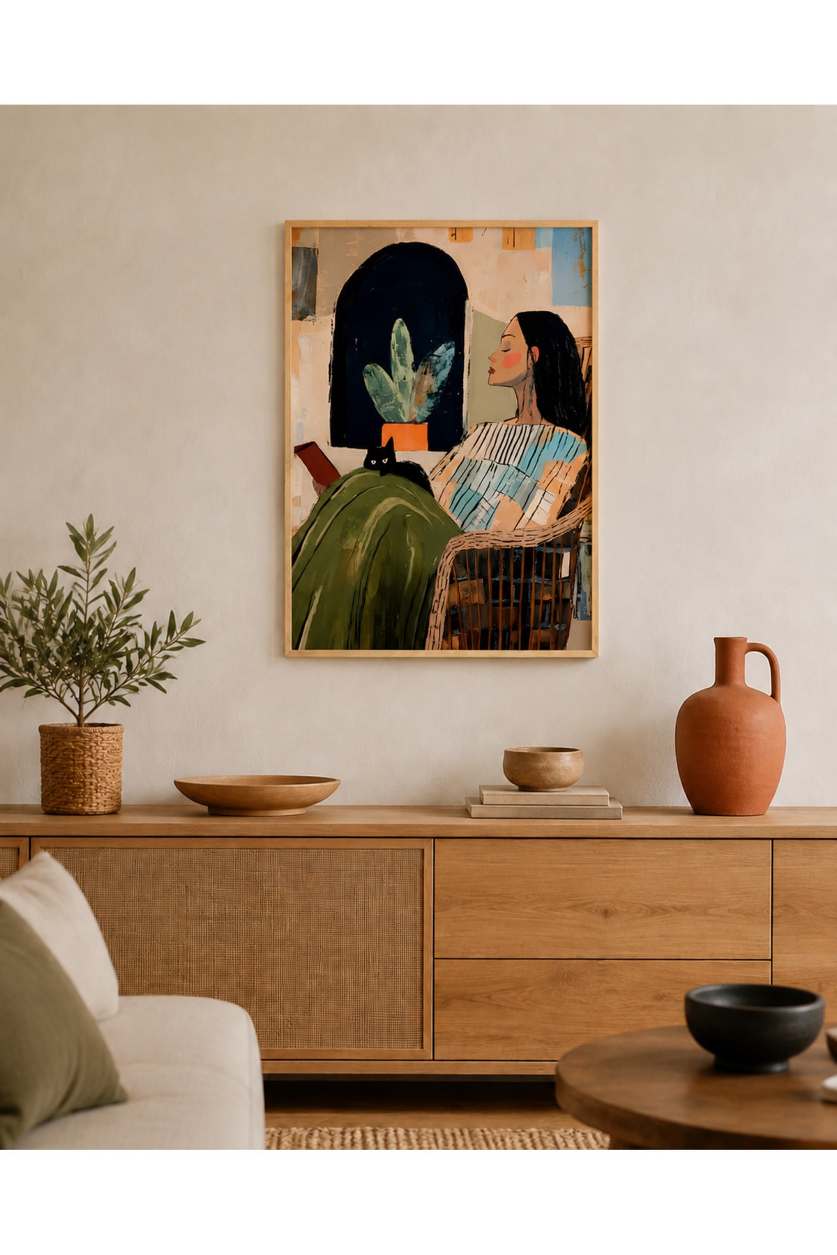 Ahşap Çerçeveli Kitap Okuyan Kadın ve Siyah Kedi Temalı Modern Dekoratif Duvar Tablosu - R0053