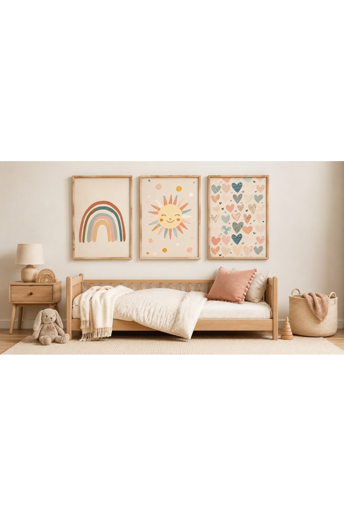 Pastel Gökkuşağı, Güneş ve Kalpler Temalı Çocuk Odası 3’lü Set Dekoratif Duvar Tablosu R0112