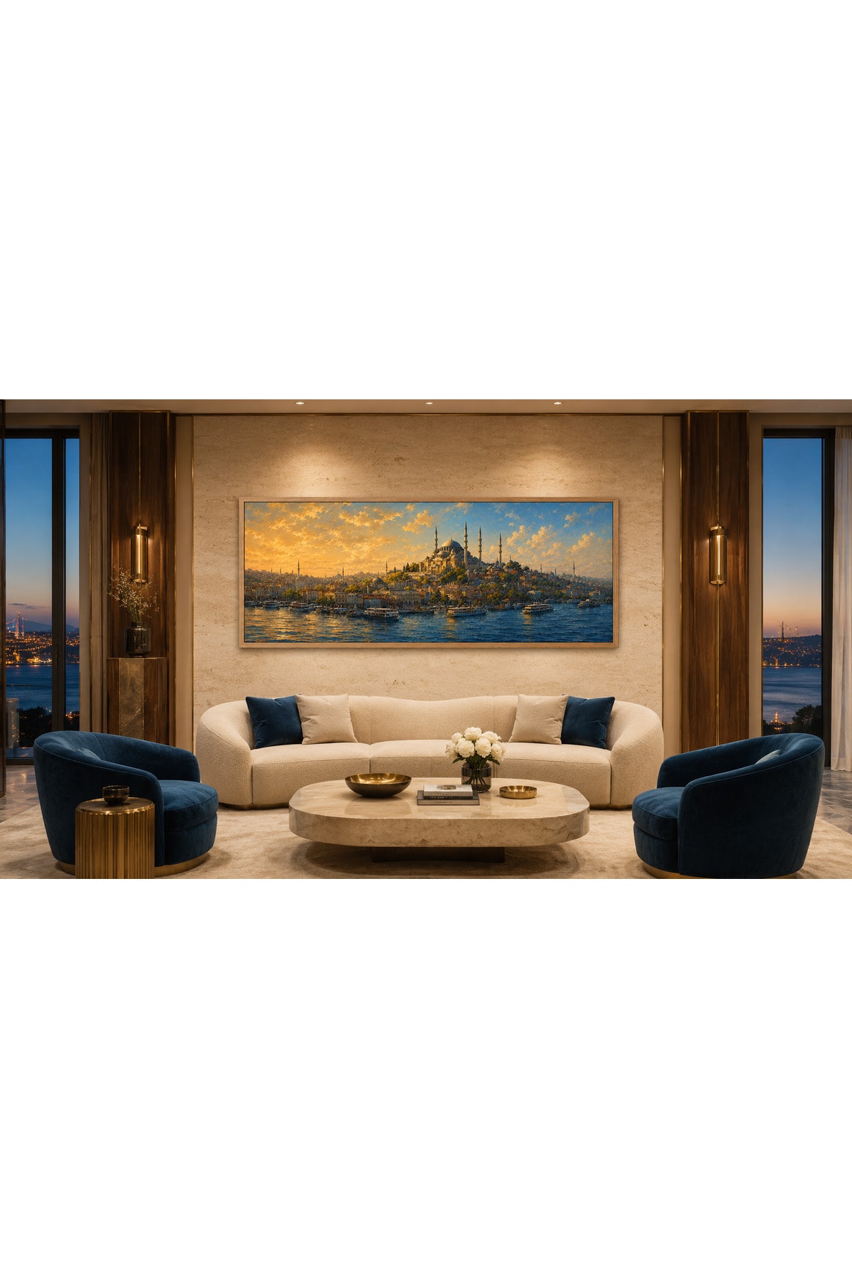 Çerçeveli İstanbul Boğazı ve Cami Manzarası Panoramik Duvar Tablosu – Gün Batımı Modern Salon ve Ofis Dekoru - R0092
