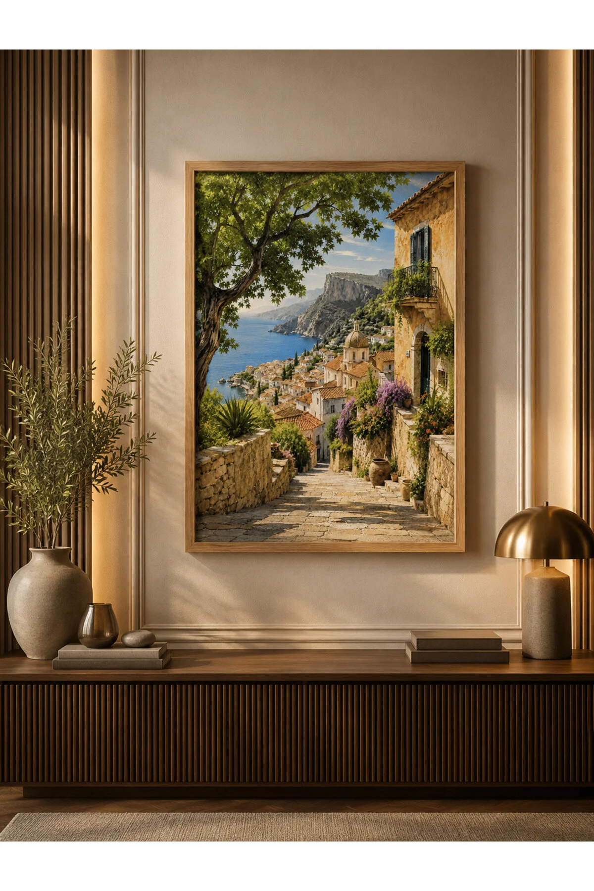 Ahşap Çerçeveli Akdeniz Sahil Manzarası Duvar Tablosu - Premium Dekoratif Kanvas Tablo R0003