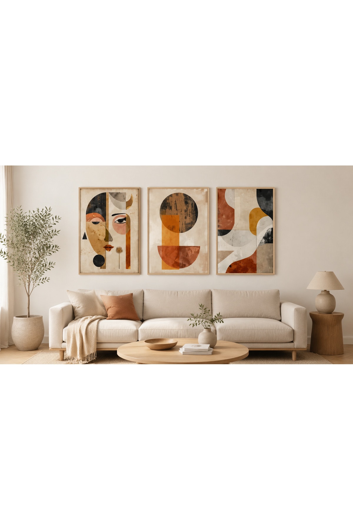 Retro Geometrik Yüz ve Soyut Formlar Temalı Modern 3’lü Set Dekoratif Duvar Tablosu R0111