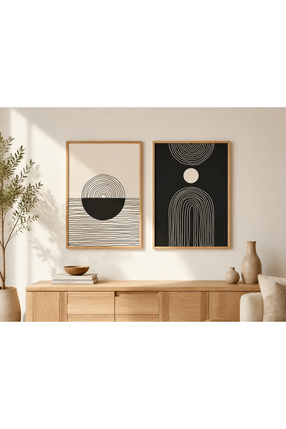 Siyah Denge – Minimal Geometrik Formlar 2’li Set Dekoratif Duvar Tablosu - R0081