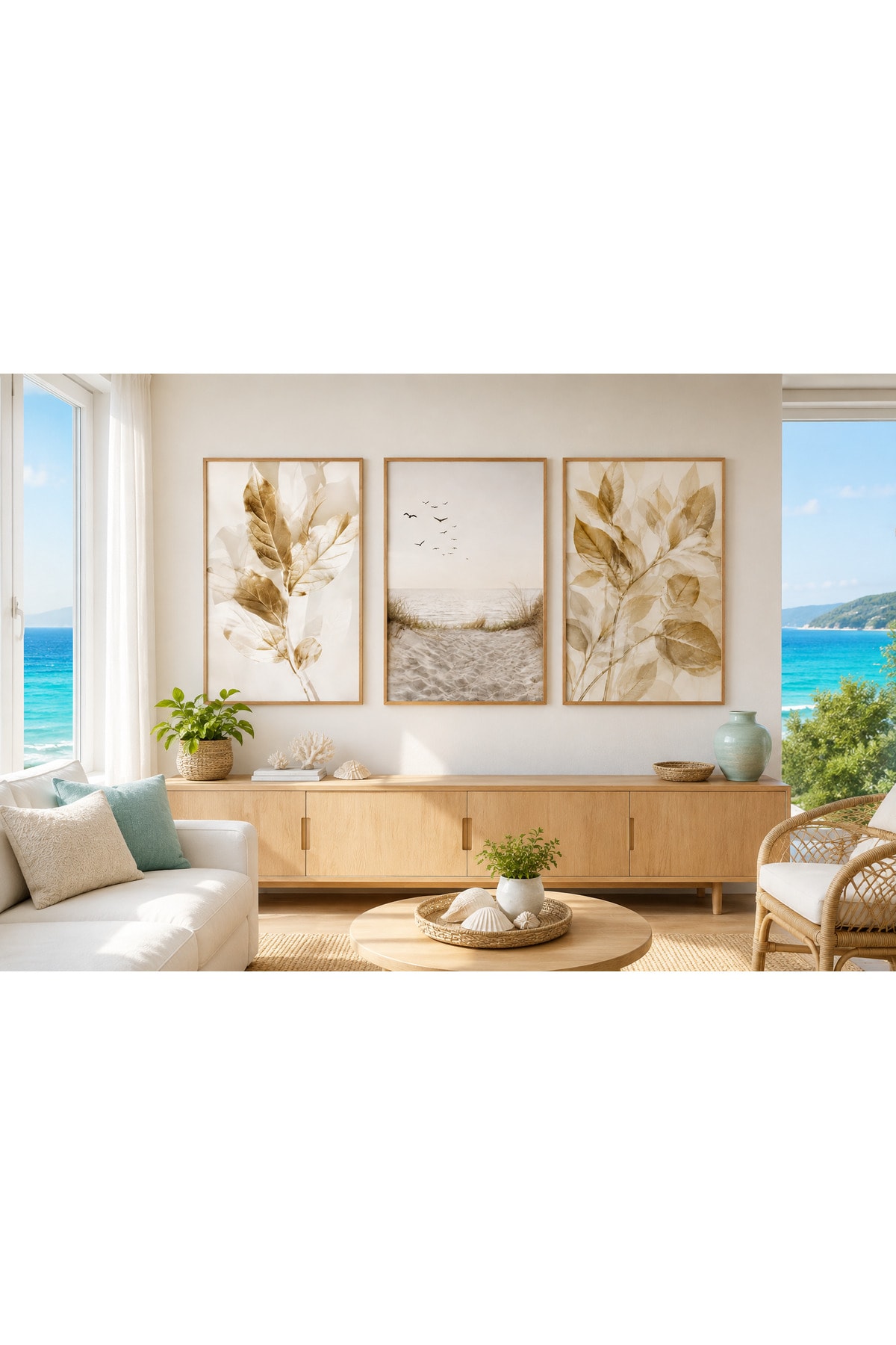 Bej Botanik Yaprak ve Sahil Manzarası Temalı Modern 3’lü Set Dekoratif Duvar Tablosu - R0106