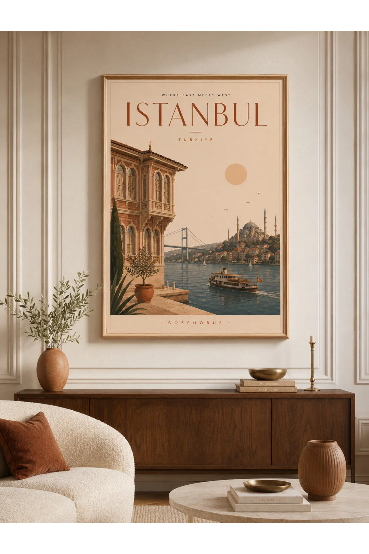 Ahşap Çerçeveli İstanbul Boğazı ve Boğaziçi Temalı Vintage Dekoratif Duvar Tablosu - R0046