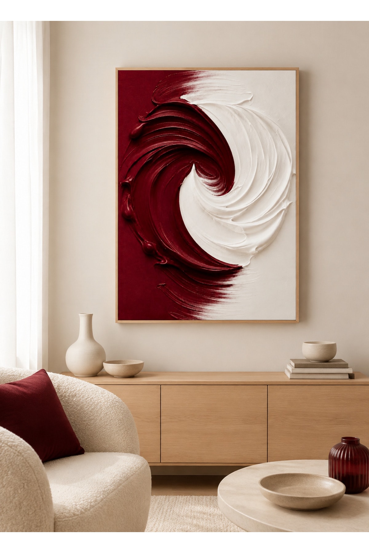Bordo Beyaz Dalgalar – Dokulu Soyut Modern Dekoratif Duvar Tablosu - R0067