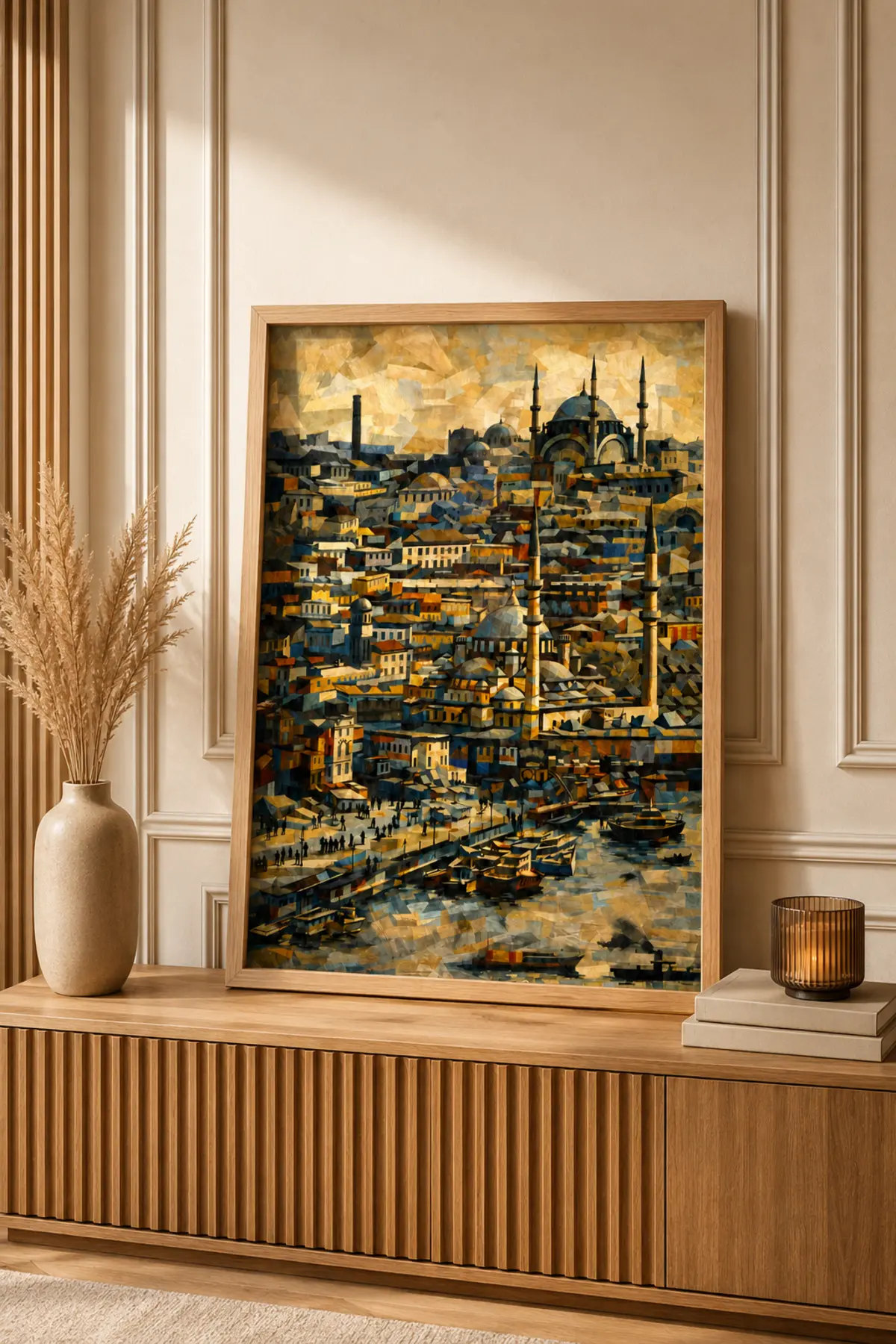 Ahşap Çerçeveli Modern İstanbul Manzarası Duvar Tablosu - Premium Dekoratif Tablo R0002