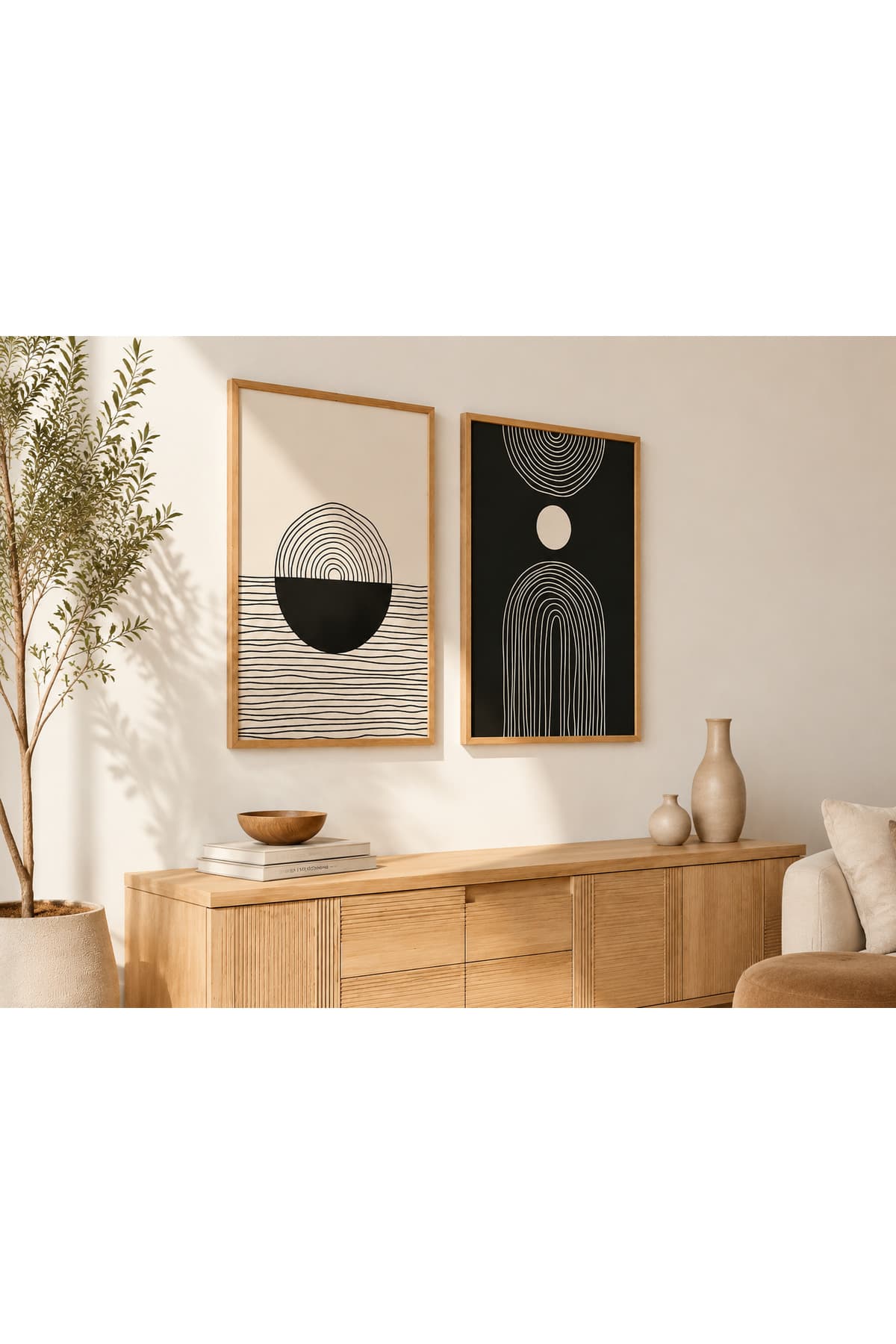 Siyah Denge – Minimal Geometrik Formlar 2’li Set Dekoratif Duvar Tablosu - R0081 — görsel 2