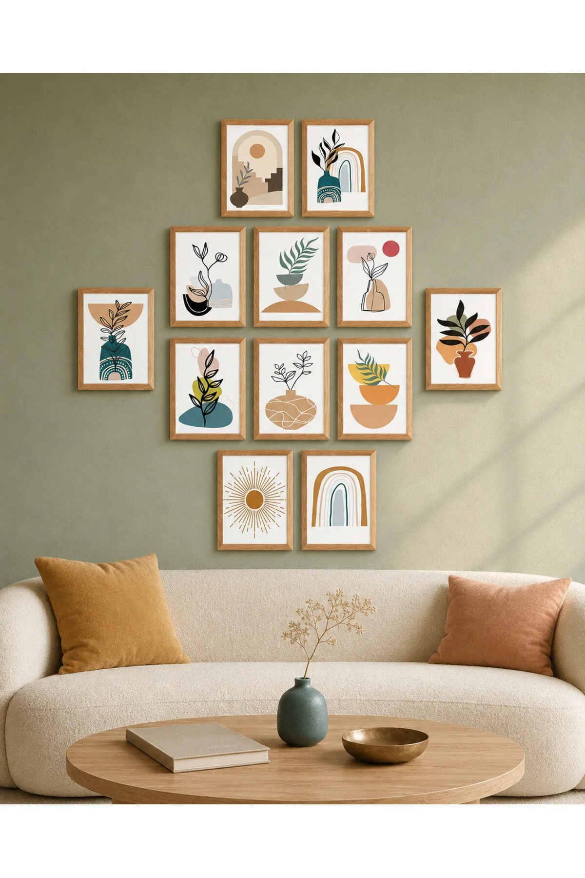 Modern Bohem – Botanik, Geometrik ve Toprak Tonları 12’li Set Dekoratif Duvar Tablosu - R0090