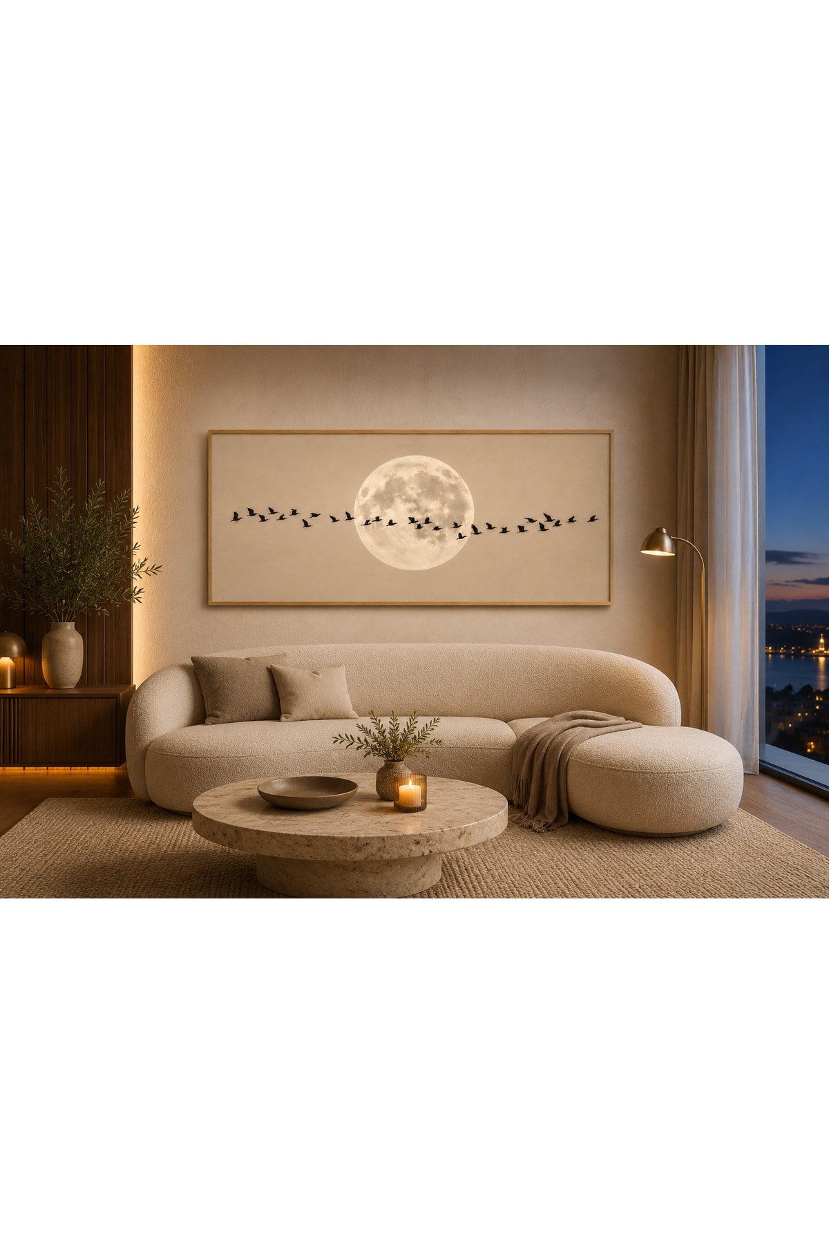 Çerçeveli Dolunay ve Uçan Kuşlar Panoramik Duvar Tablosu – Minimalist Modern Salon ve Ofis Dekoru - R0094