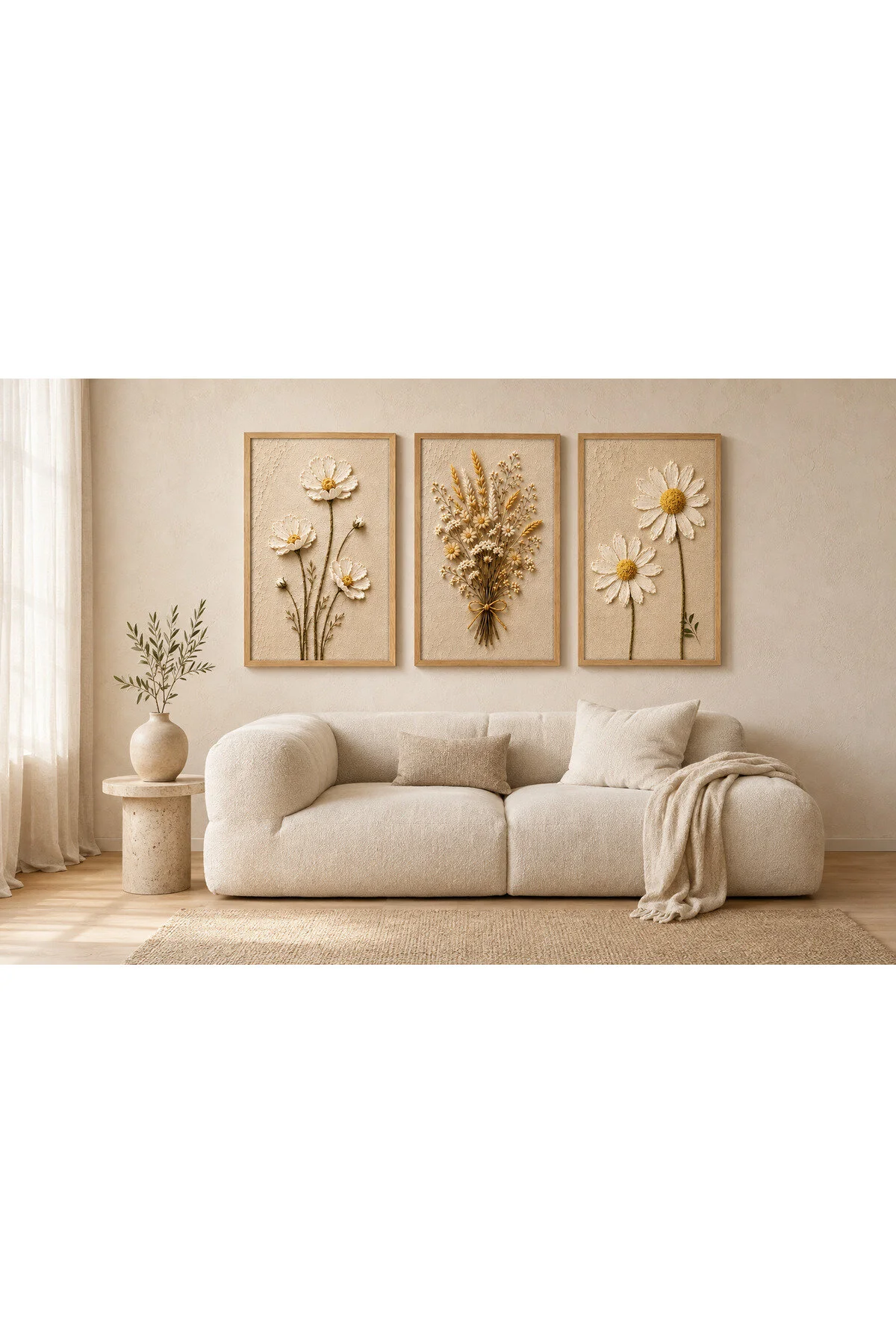 Papatya Bahçesi – Beyaz ve Gold Çiçekler 3’lü Set Dekoratif Duvar Tablosu - R0080