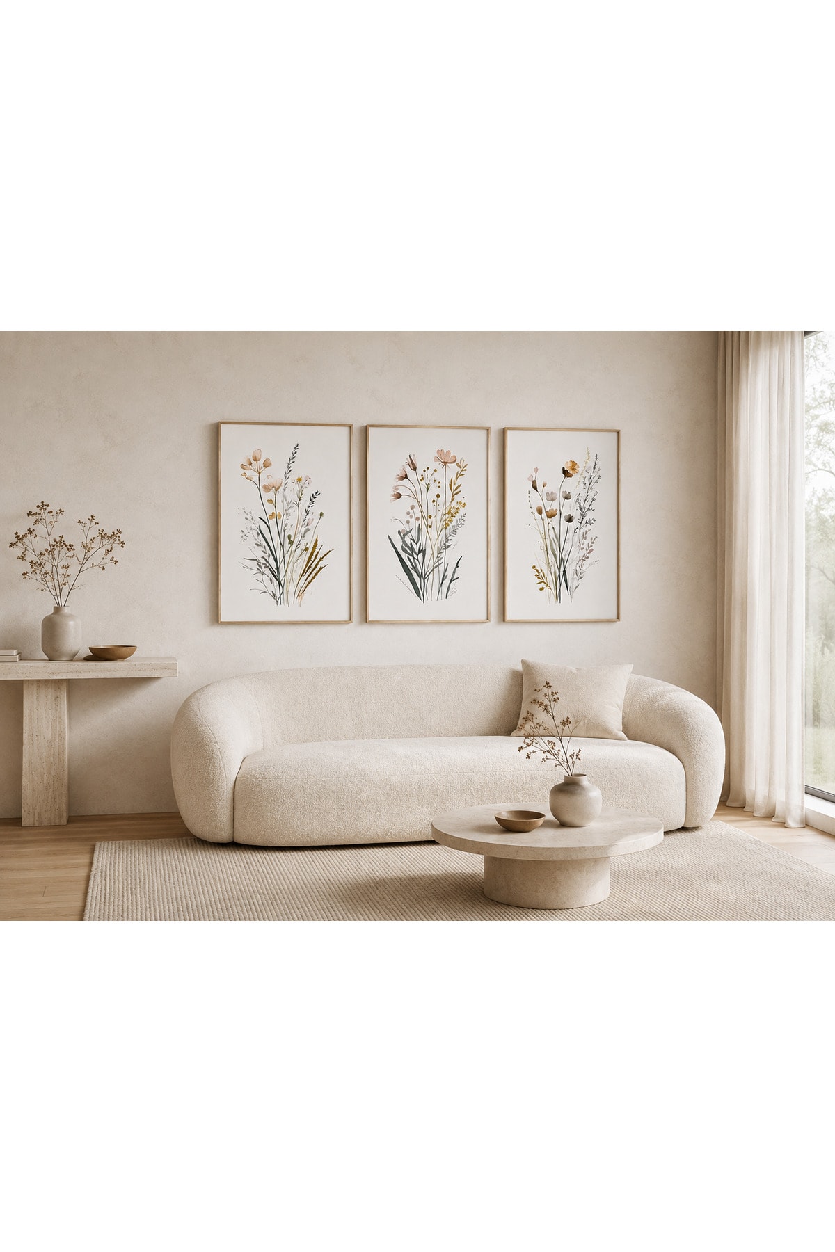3’lü Ahşap Çerçeveli Minimal Çiçek ve Kır Çiçekleri Desenli Dekoratif Duvar Tablosu Seti - R0055