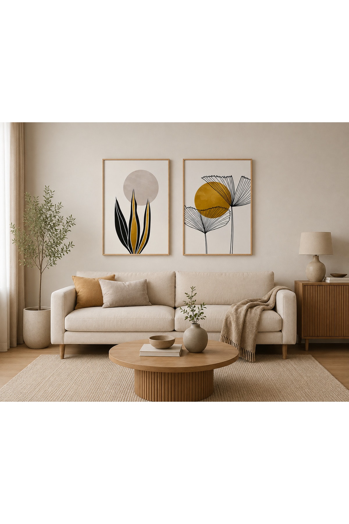 Altın Botanik – Hardal Sarısı ve Siyah Modern Çiçek 2’li Set Dekoratif Duvar Tablosu - R0082