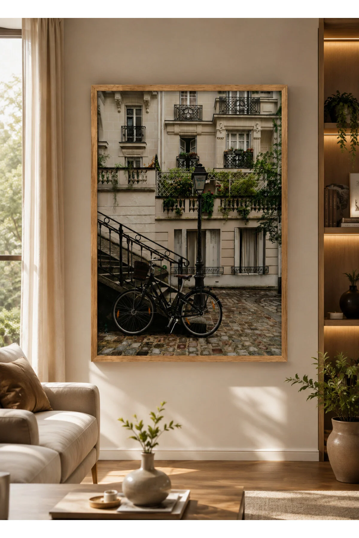Ahşap Çerçeveli Paris Sokakları Bisiklet Manzarası Duvar Tablosu - R0008