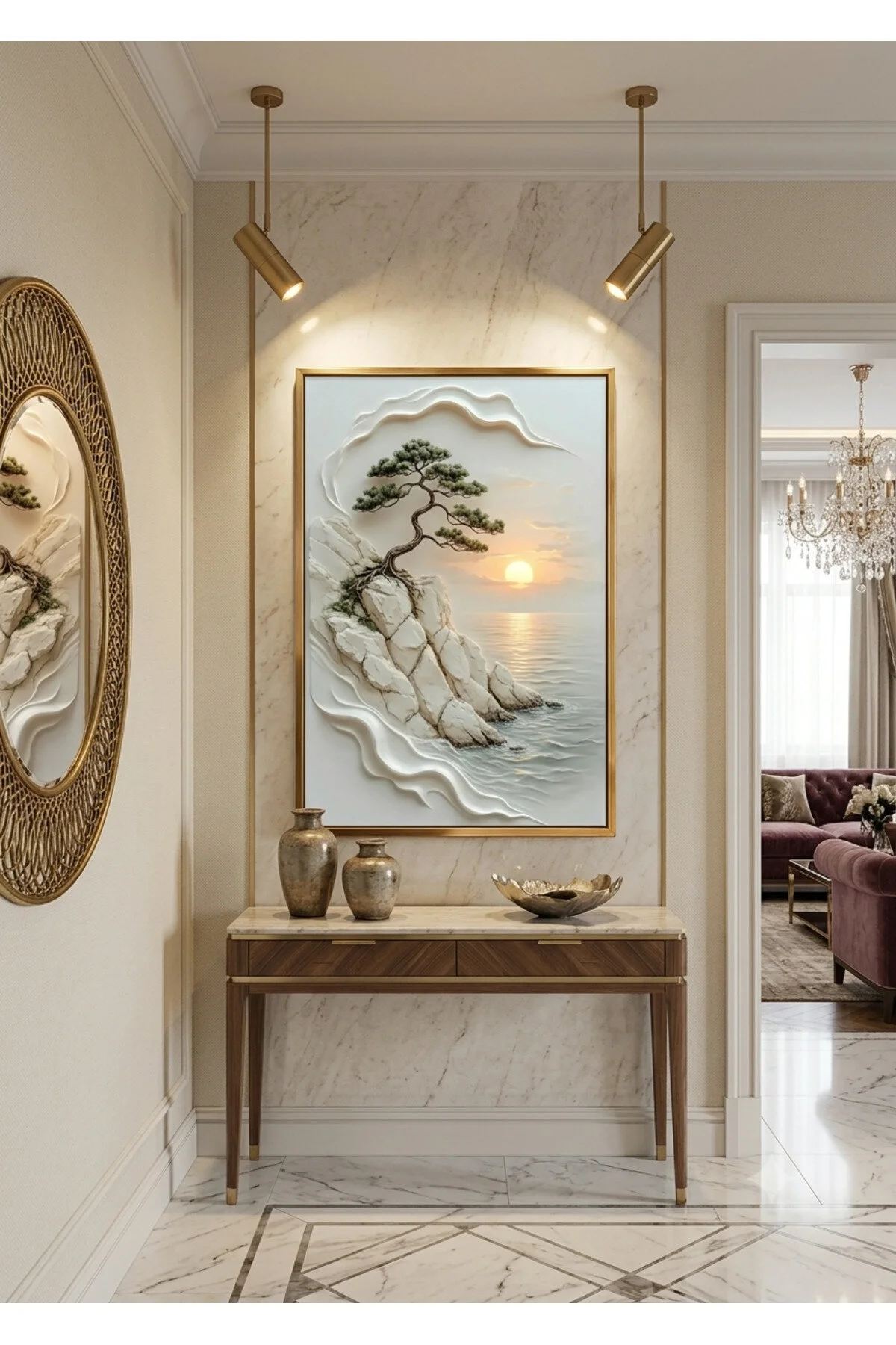 Ahşap Çerçeveli Kabartmalı Kayalık Ve Bonsai Ağacı Duvar Tablosu - R0025