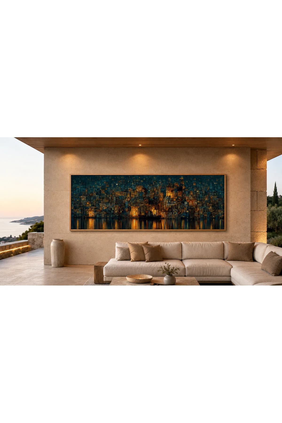 Çerçeveli Gece Şehir Manzarası Panoramik Duvar Tablosu – Lacivert Gold Modern Salon ve Ofis Dekoru - R0091 — görsel 2