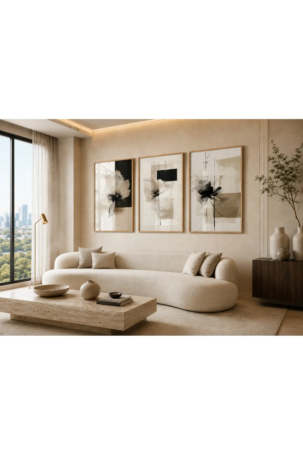 Siyah Bej Soyut Çiçekler Temalı Modern 3’lü Set Dekoratif Duvar Tablosu R0110 — görsel 2