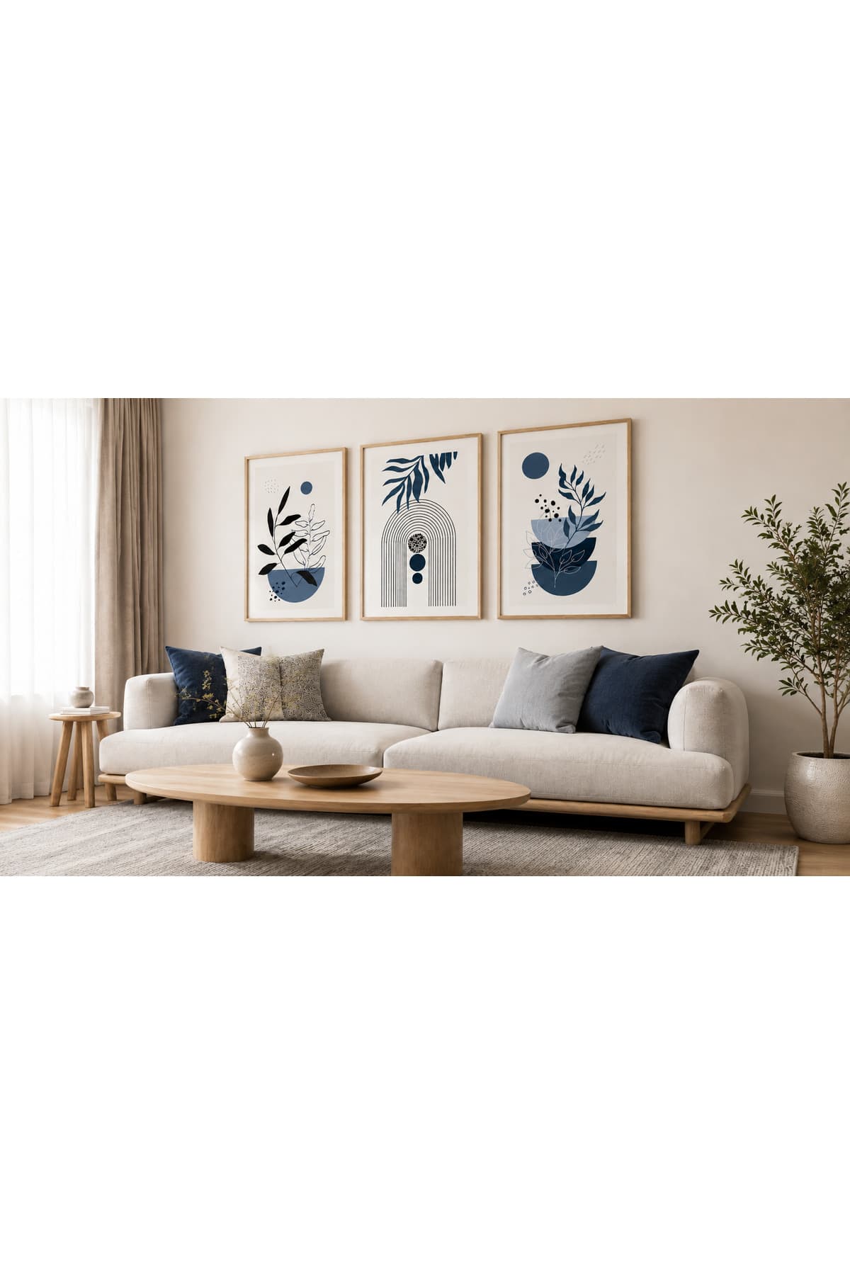 Lacivert Botanik Yaprak ve Geometrik Formlar Temalı Modern 3’lü Set Dekoratif Duvar Tablosu R0114 — görsel 2