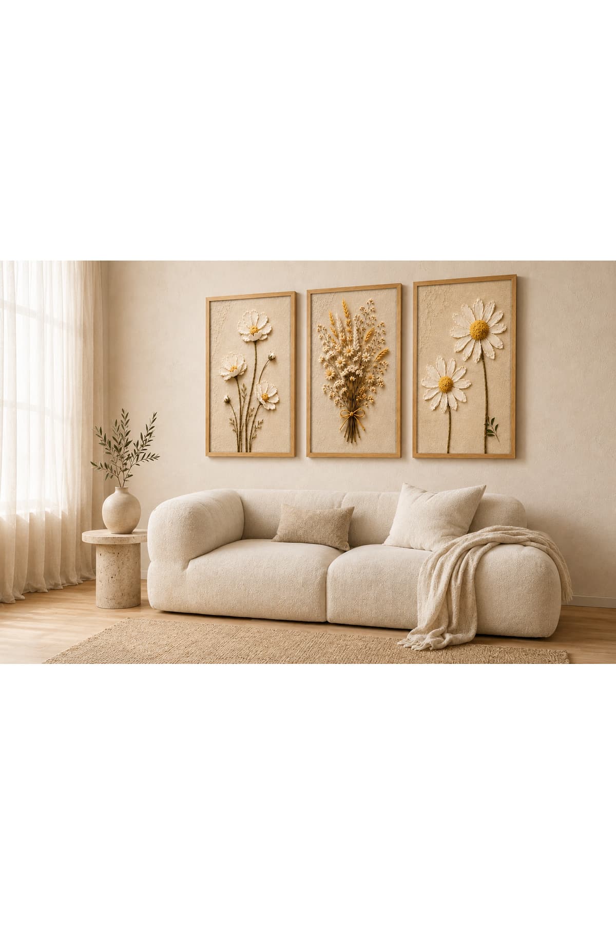 Papatya Bahçesi – Beyaz ve Gold Çiçekler 3’lü Set Dekoratif Duvar Tablosu - R0080 — görsel 2