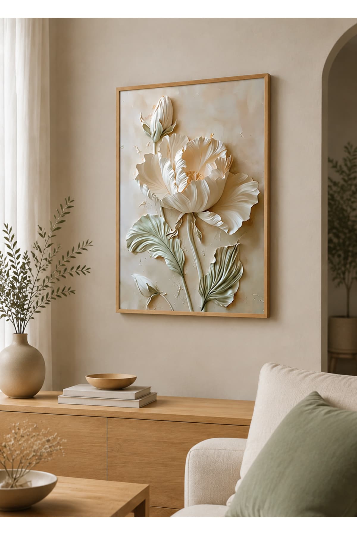 Ahşap Çerçeveli Kabartmalı Beyaz Çiçek ve Yaprak Desenli Dekoratif Duvar Tablosu - R0052 — görsel 2