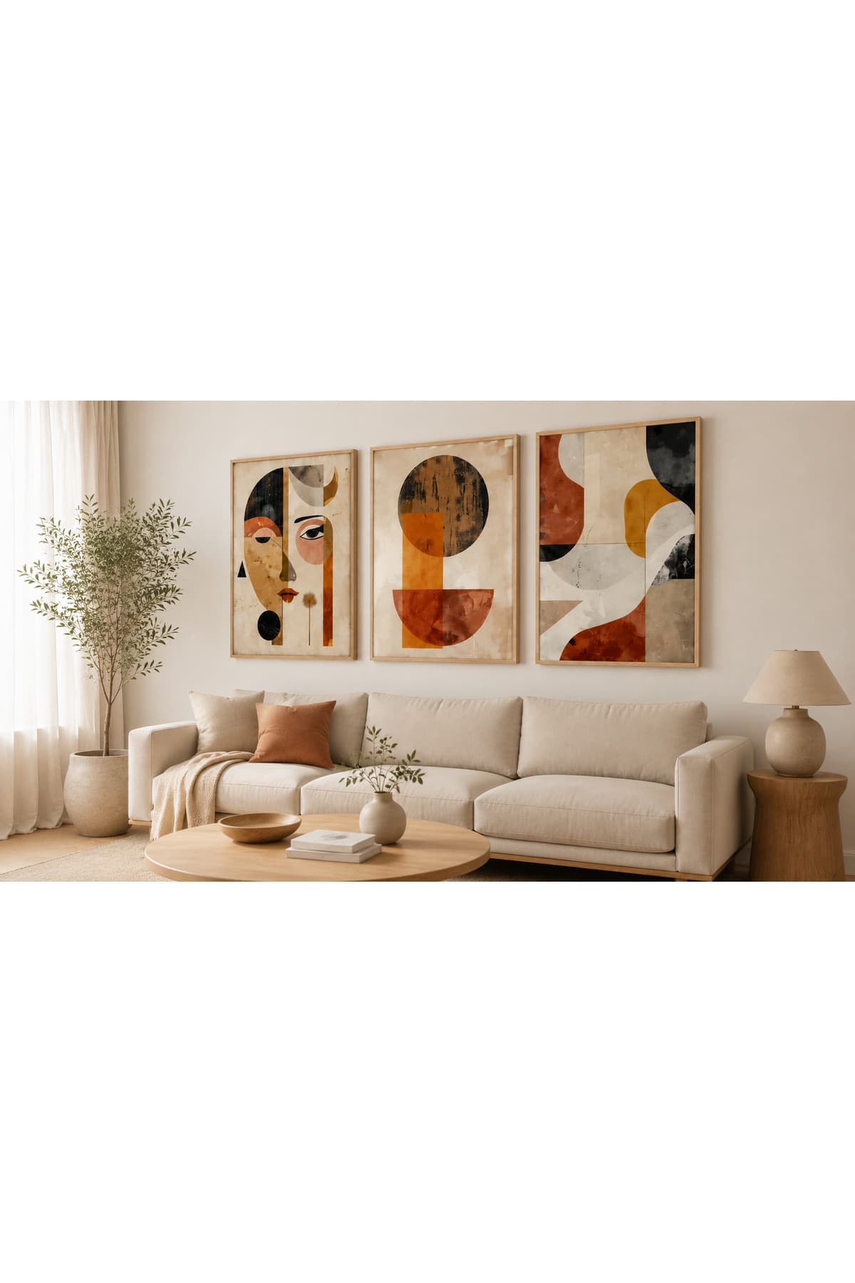 Retro Geometrik Yüz ve Soyut Formlar Temalı Modern 3’lü Set Dekoratif Duvar Tablosu R0111 — görsel 2