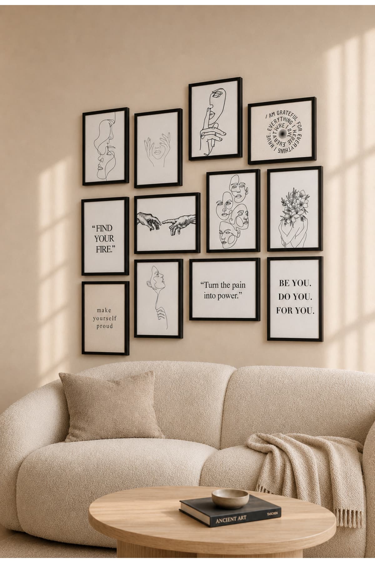 Kendin Ol – Siyah Beyaz Line Art ve Motivasyon Sözleri 12’li Set Dekoratif Duvar Tablosu - R0085 — görsel 2