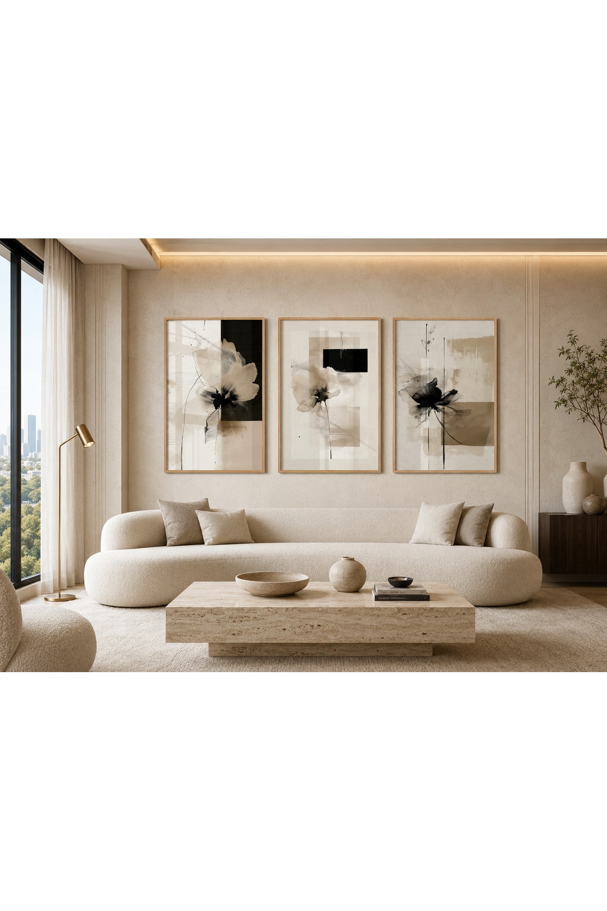 Siyah Bej Soyut Çiçekler Temalı Modern 3’lü Set Dekoratif Duvar Tablosu R0110