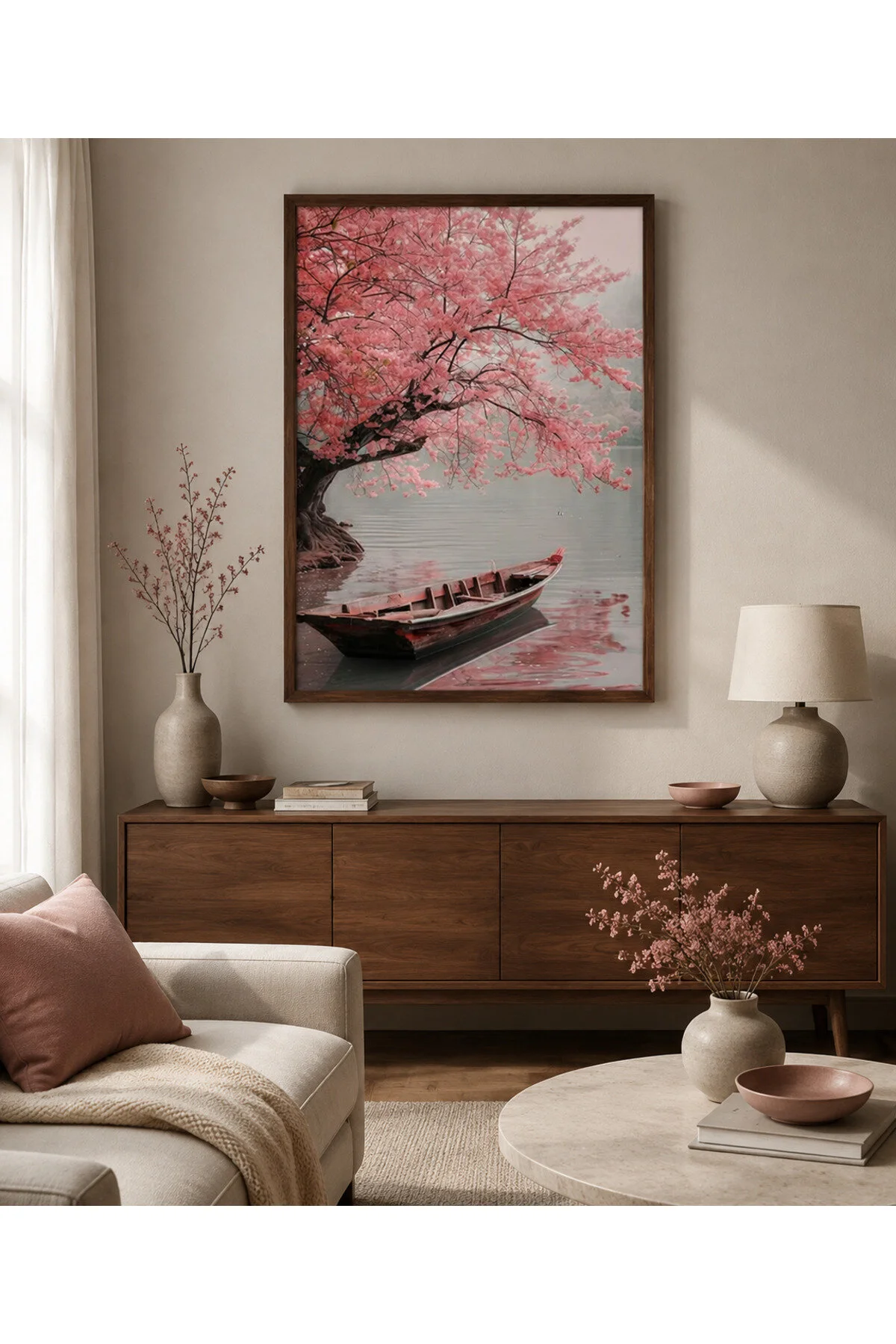 Ahşap Çerçeveli Pembe Kiraz Çiçeği ve Kayık Manzaralı Dekoratif Duvar Tablosu - R0051