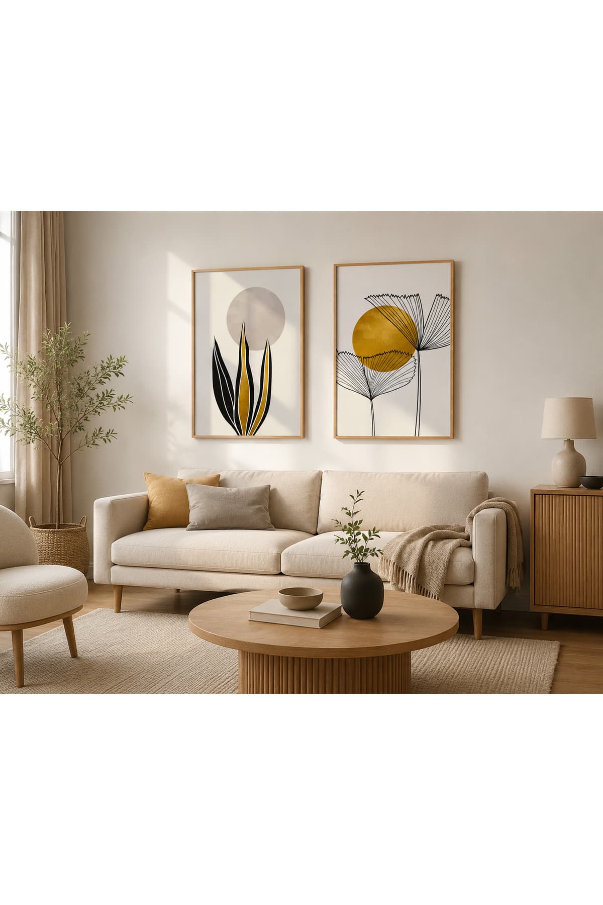 Altın Botanik – Hardal Sarısı ve Siyah Modern Çiçek 2’li Set Dekoratif Duvar Tablosu - R0082 — görsel 2