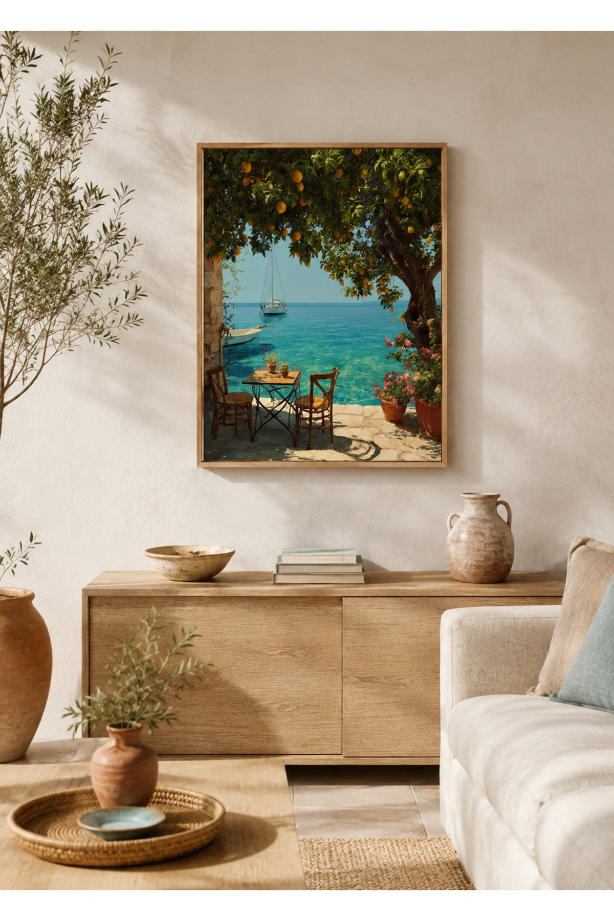 Akdeniz Sahili Manzaralı Limon Ağacı ve Deniz Temalı Ahşap Çerçeveli Dekoratif Duvar Tablosu - R0056