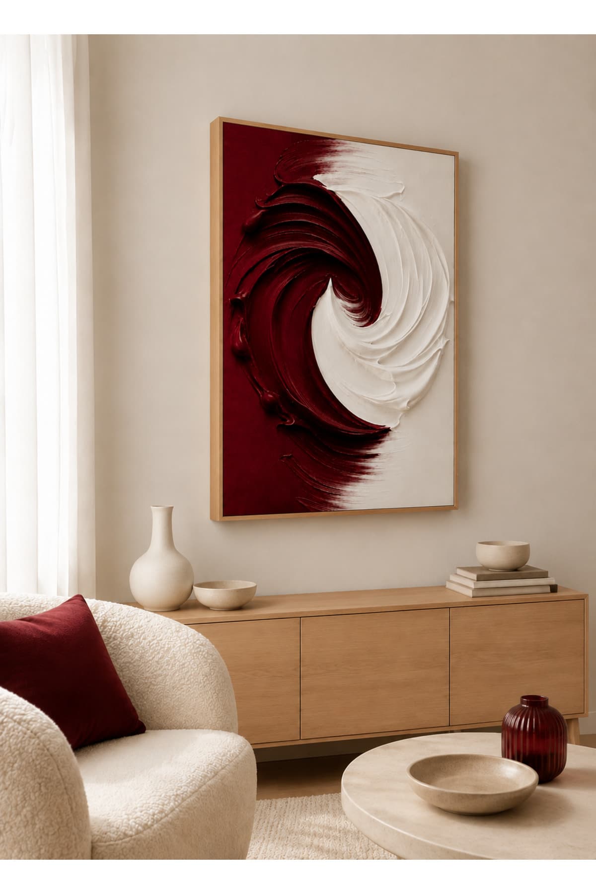 Bordo Beyaz Dalgalar – Dokulu Soyut Modern Dekoratif Duvar Tablosu - R0067 — görsel 2