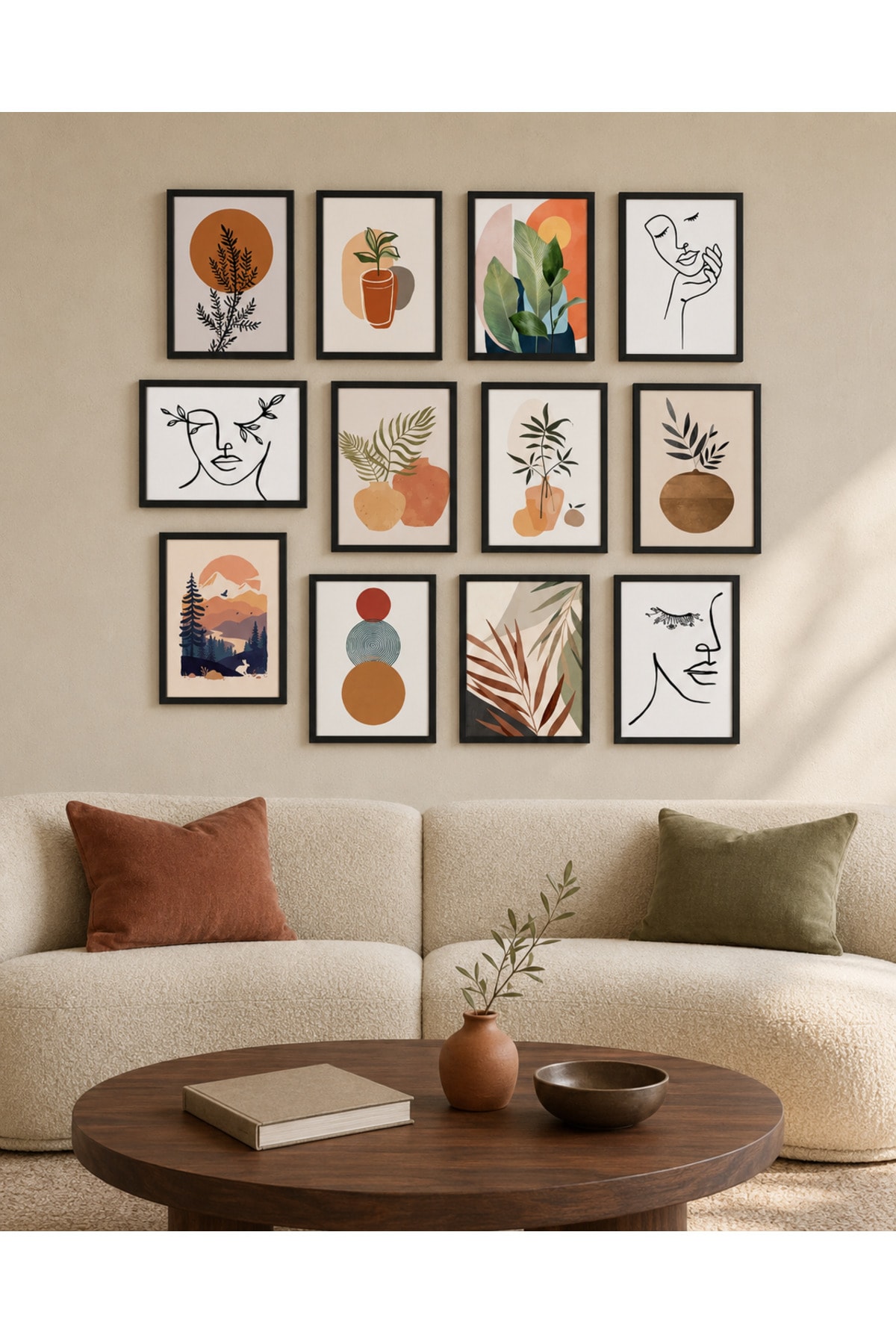 Bohem Yaşam – Botanik, Line Art ve Toprak Tonları 12’li Set Dekoratif Duvar Tablosu - R0089