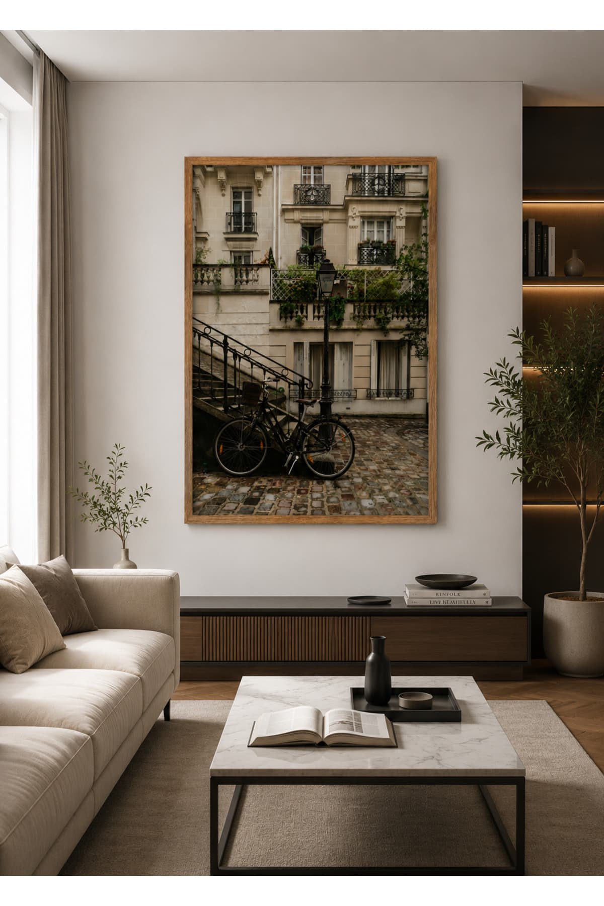 Ahşap Çerçeveli Paris Sokakları Bisiklet Manzarası Duvar Tablosu - R0008 — görsel 2