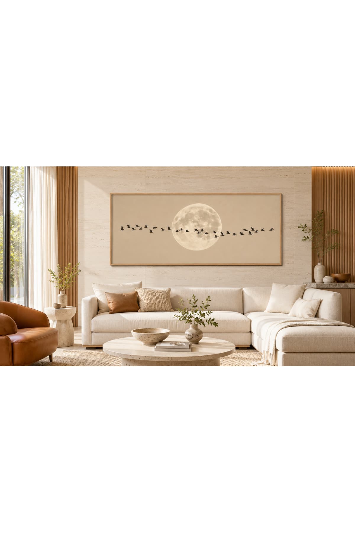 Çerçeveli Dolunay ve Uçan Kuşlar Panoramik Duvar Tablosu – Minimalist Modern Salon ve Ofis Dekoru - R0094 — görsel 2