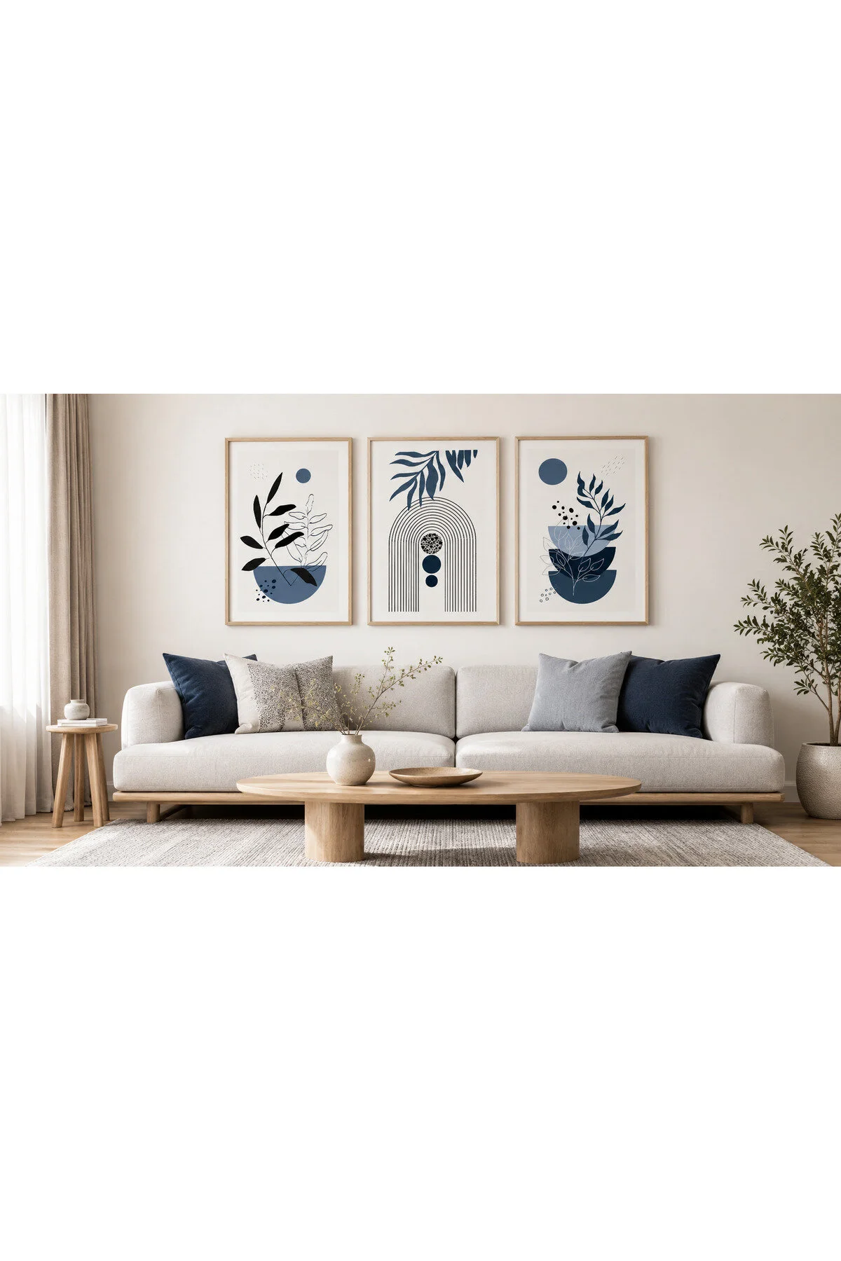 Lacivert Botanik Yaprak ve Geometrik Formlar Temalı Modern 3’lü Set Dekoratif Duvar Tablosu R0114