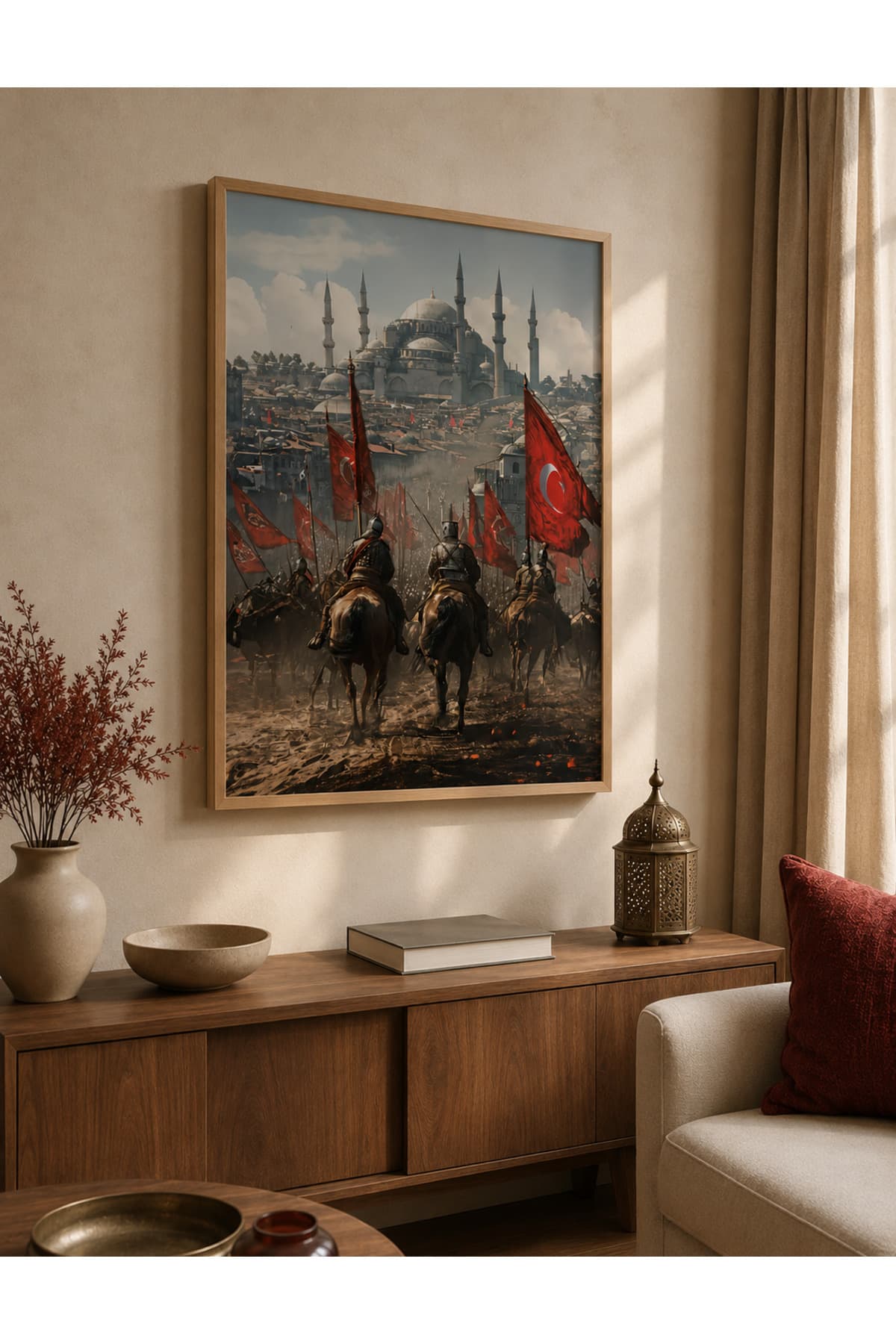 Ahşap Çerçeveli Osmanlı Süvarileri ve Türk Bayrağı Temalı Tarihi Dekoratif Duvar Tablosu - R0048 — görsel 2