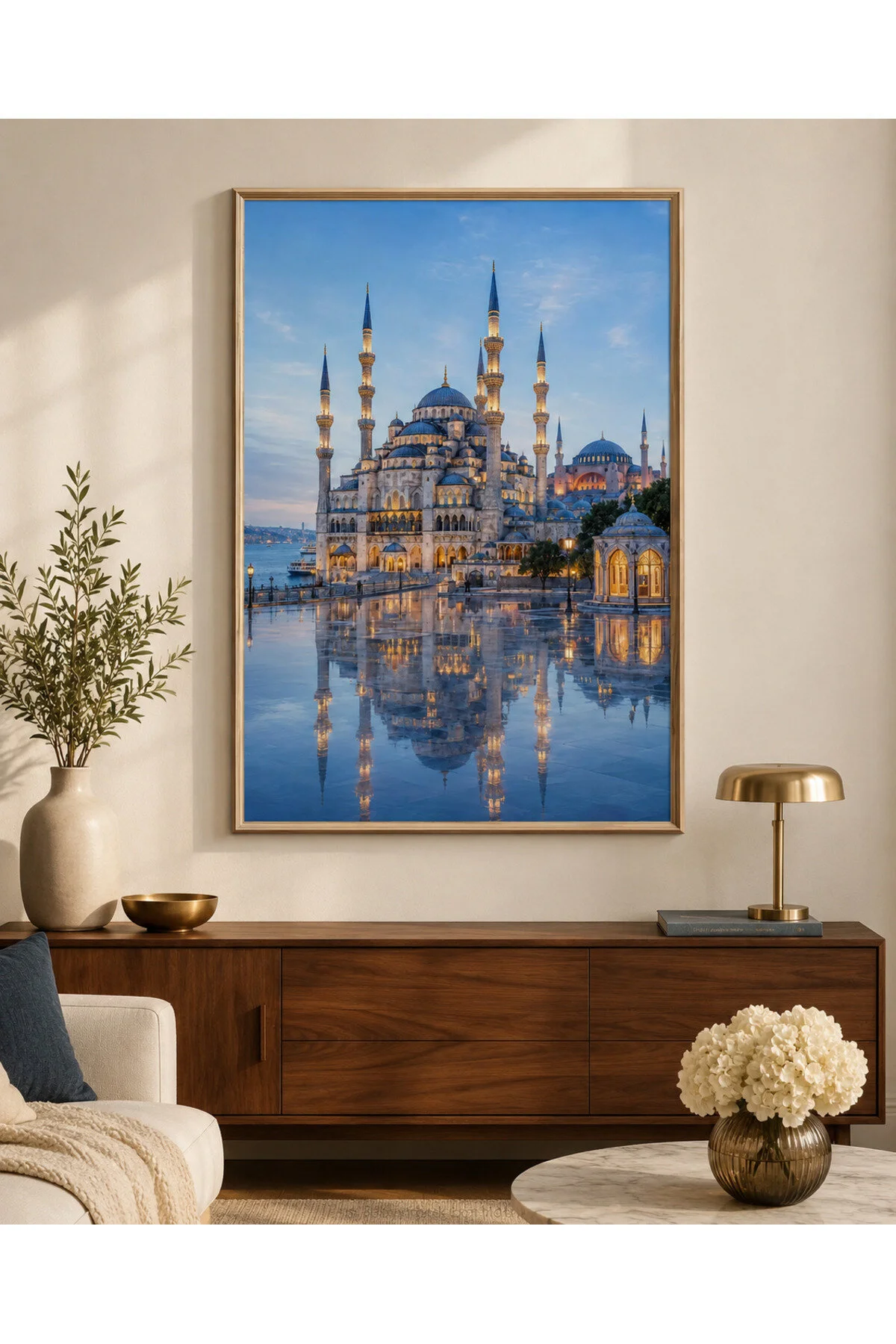 Ahşap Çerçeveli Sultanahmet Camii Mavi Saat İstanbul Manzaralı Dekoratif Duvar Tablosu - R0050