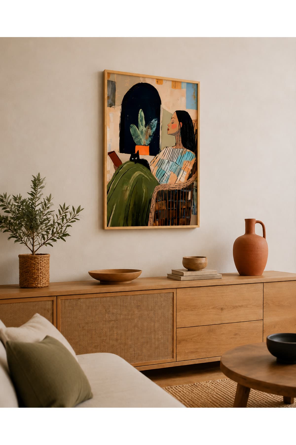 Ahşap Çerçeveli Kitap Okuyan Kadın ve Siyah Kedi Temalı Modern Dekoratif Duvar Tablosu - R0053 — görsel 2