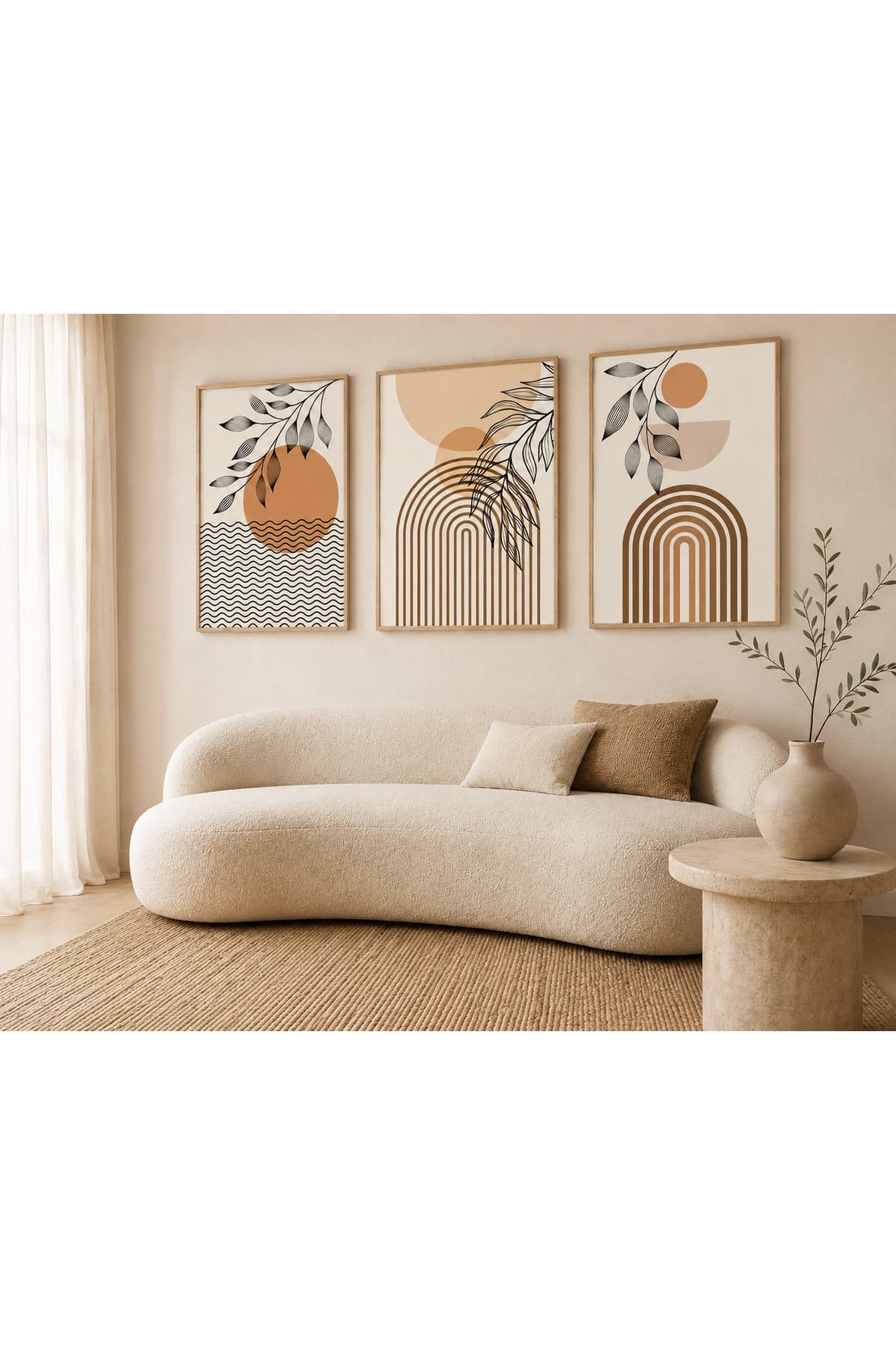 Boho Harmony – Yaprak ve Geometrik Formlar 3’lü Set Dekoratif Duvar Tablosu - R0079 — görsel 2